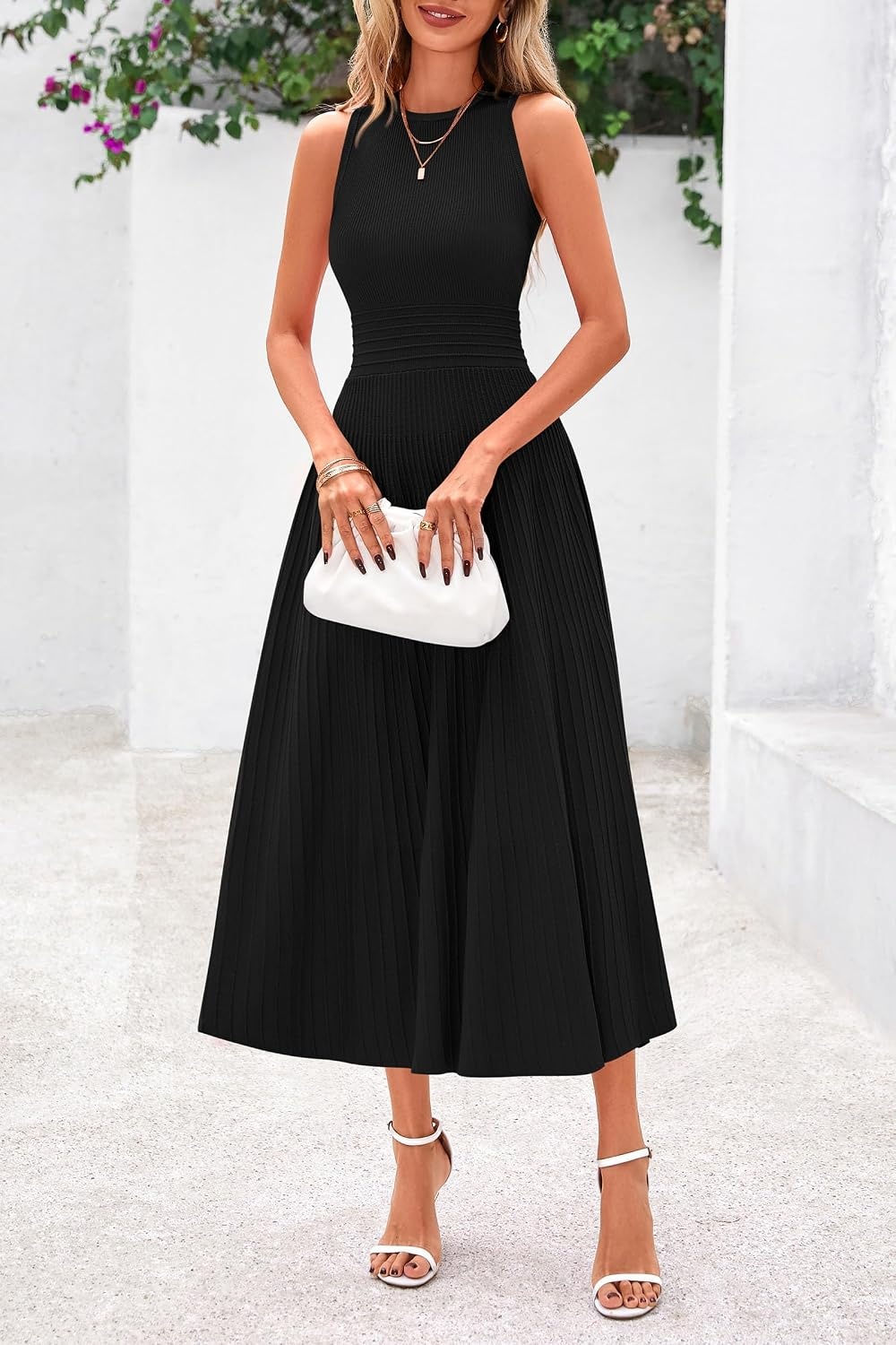 image:imagePRETTYGARDEN Womens Summer Pleated Midi Work Dress Sleeveless A Line Knit Business Dresses Spring Semi Formal Long Dress for Wedding Guest Cocktail Party Teacher OutfitsBlack