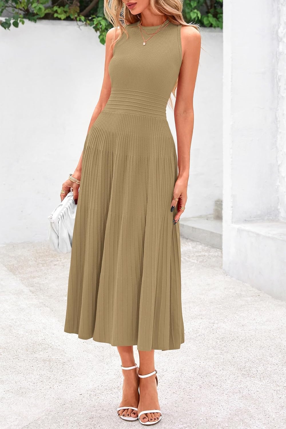 image:imagePRETTYGARDEN Womens Summer Pleated Midi Work Dress Sleeveless A Line Knit Business Dresses Spring Semi Formal Long Dress for Wedding Guest Cocktail Party Teacher OutfitsCamel