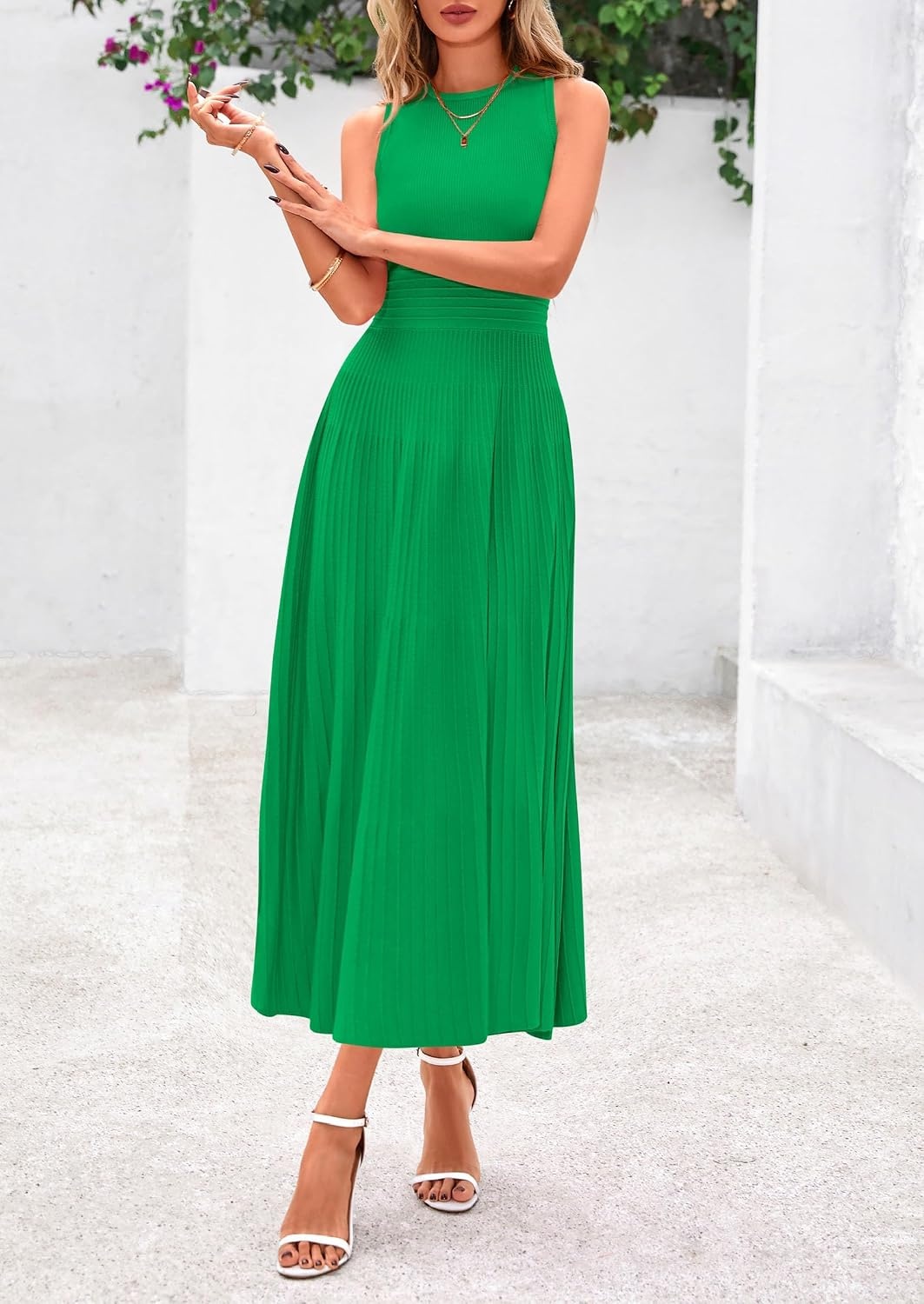 image:imagePRETTYGARDEN Womens Summer Pleated Midi Work Dress Sleeveless A Line Knit Business Dresses Spring Semi Formal Long Dress for Wedding Guest Cocktail Party Teacher OutfitsGreen