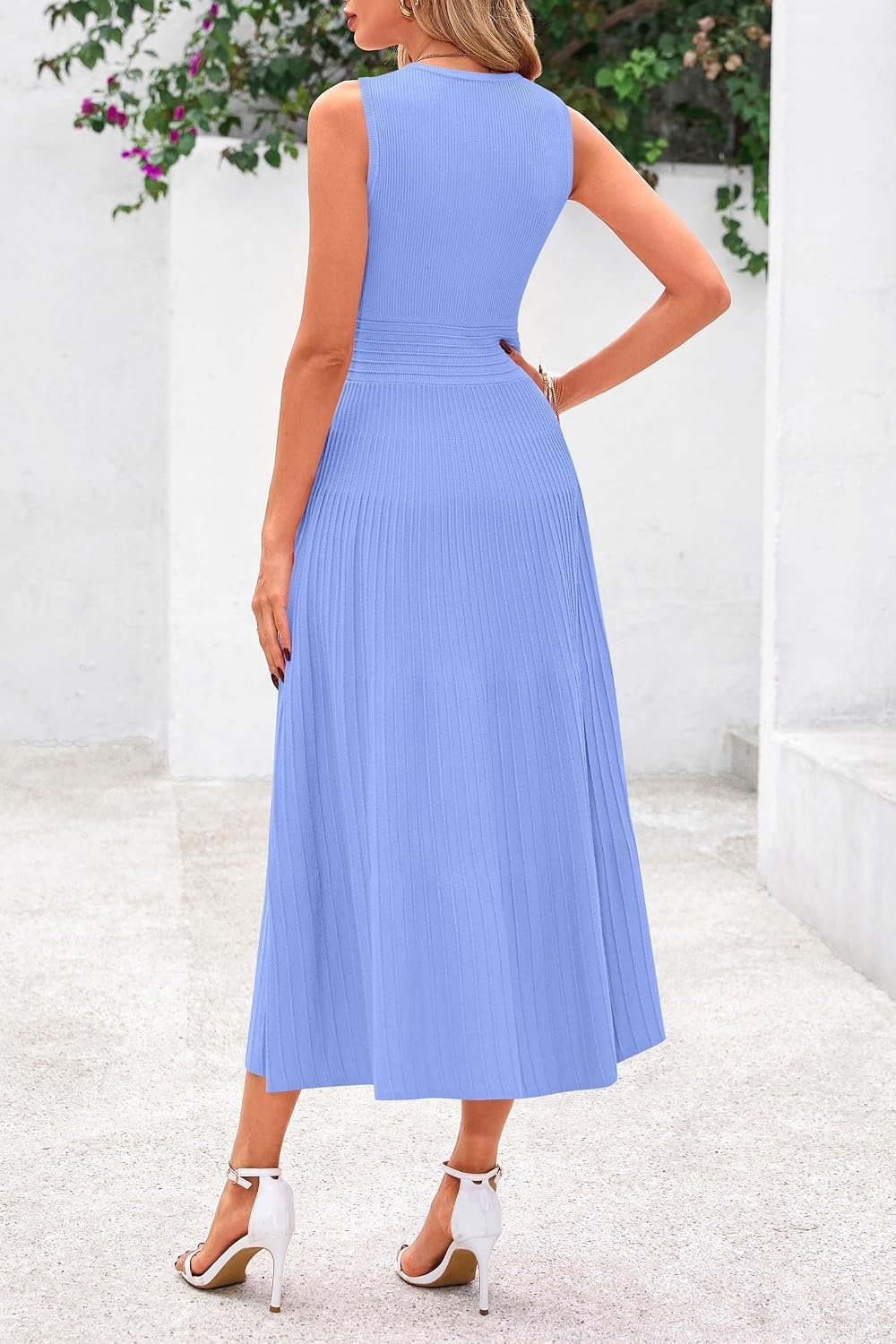 image:imagePRETTYGARDEN Womens Summer Pleated Midi Work Dress Sleeveless A Line Knit Business Dresses Spring Semi Formal Long Dress for Wedding Guest Cocktail Party Teacher OutfitsSky Blue