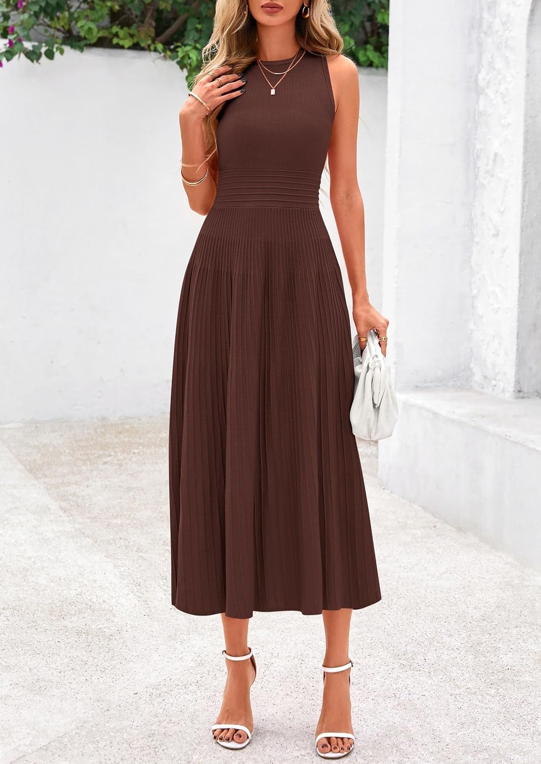image:imagePRETTYGARDEN Womens Summer Pleated Midi Work Dress Sleeveless A Line Knit Business Dresses Spring Semi Formal Long Dress for Wedding Guest Cocktail Party Teacher OutfitsBrown