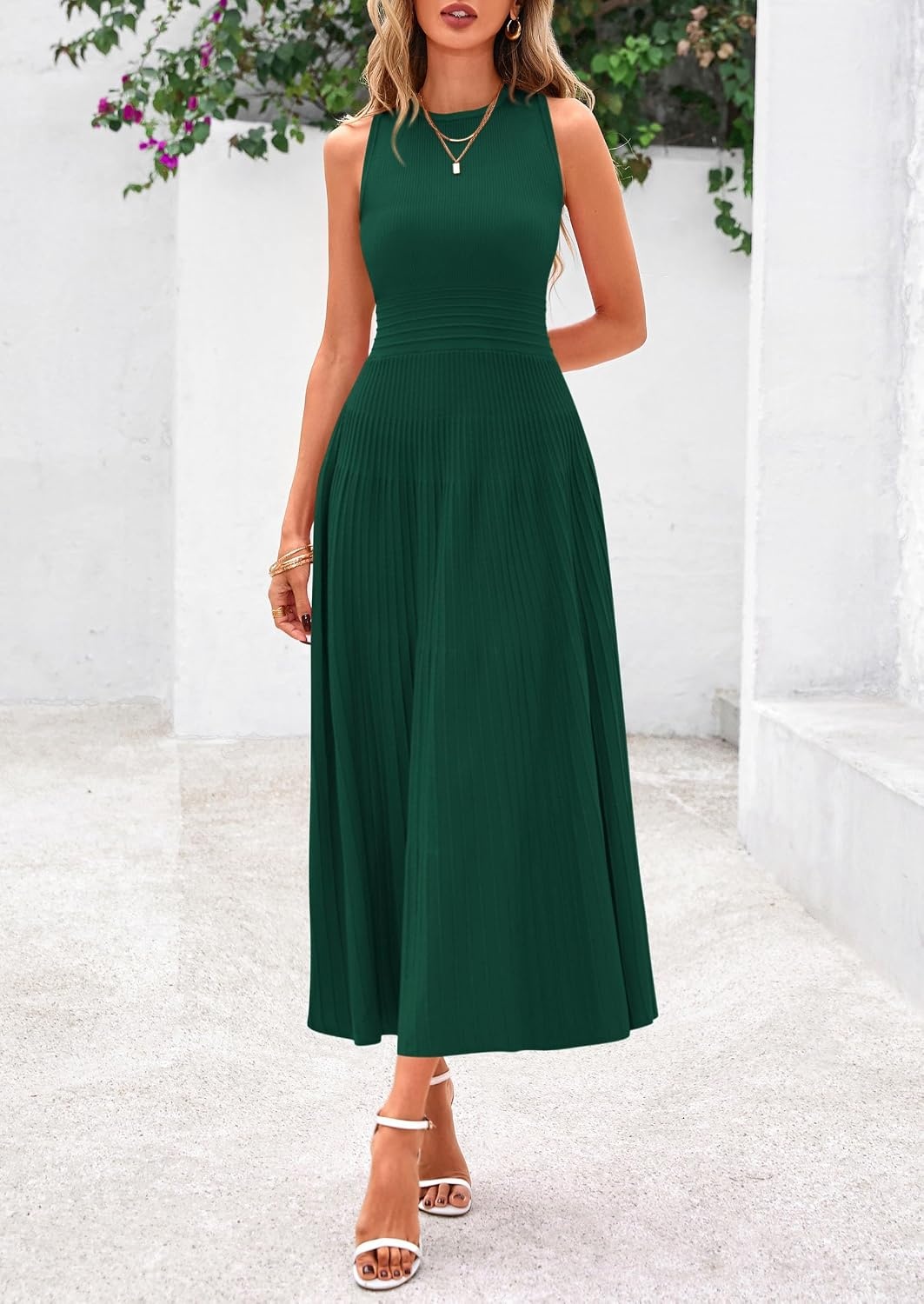 image:imagePRETTYGARDEN Womens Summer Pleated Midi Work Dress Sleeveless A Line Knit Business Dresses Spring Semi Formal Long Dress for Wedding Guest Cocktail Party Teacher OutfitsDark Green