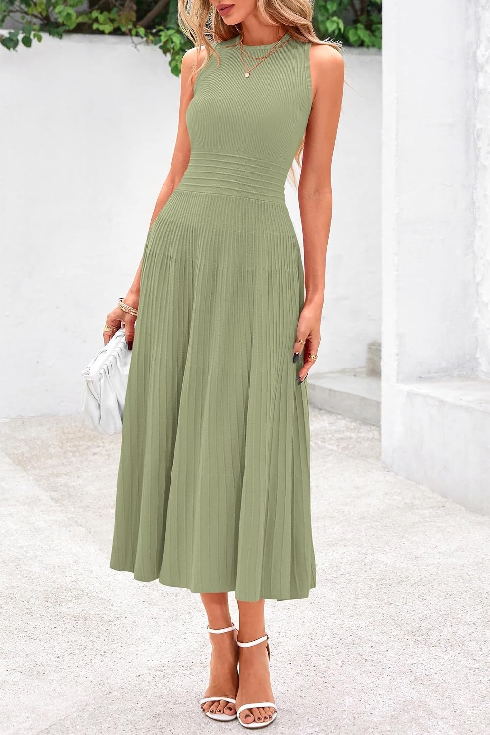 image:imagePRETTYGARDEN Womens Summer Pleated Midi Work Dress Sleeveless A Line Knit Business Dresses Spring Semi Formal Long Dress for Wedding Guest Cocktail Party Teacher OutfitsMist Green