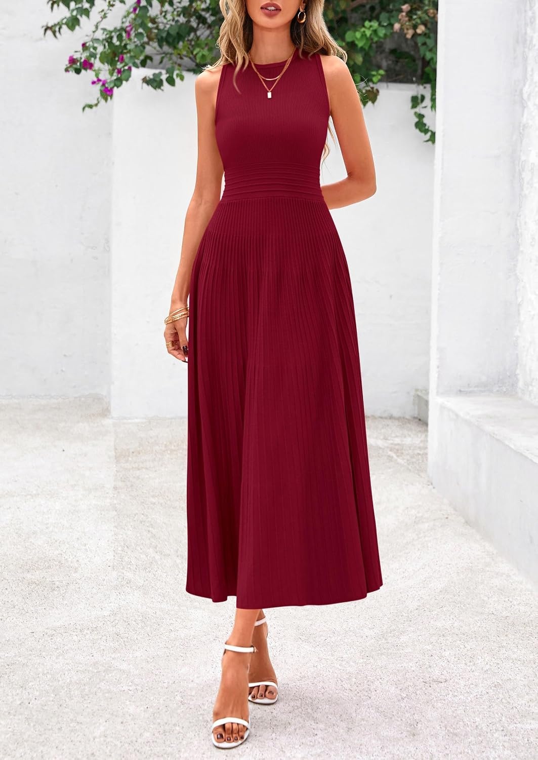 image:imagePRETTYGARDEN Womens Summer Pleated Midi Work Dress Sleeveless A Line Knit Business Dresses Spring Semi Formal Long Dress for Wedding Guest Cocktail Party Teacher OutfitsBurgundy