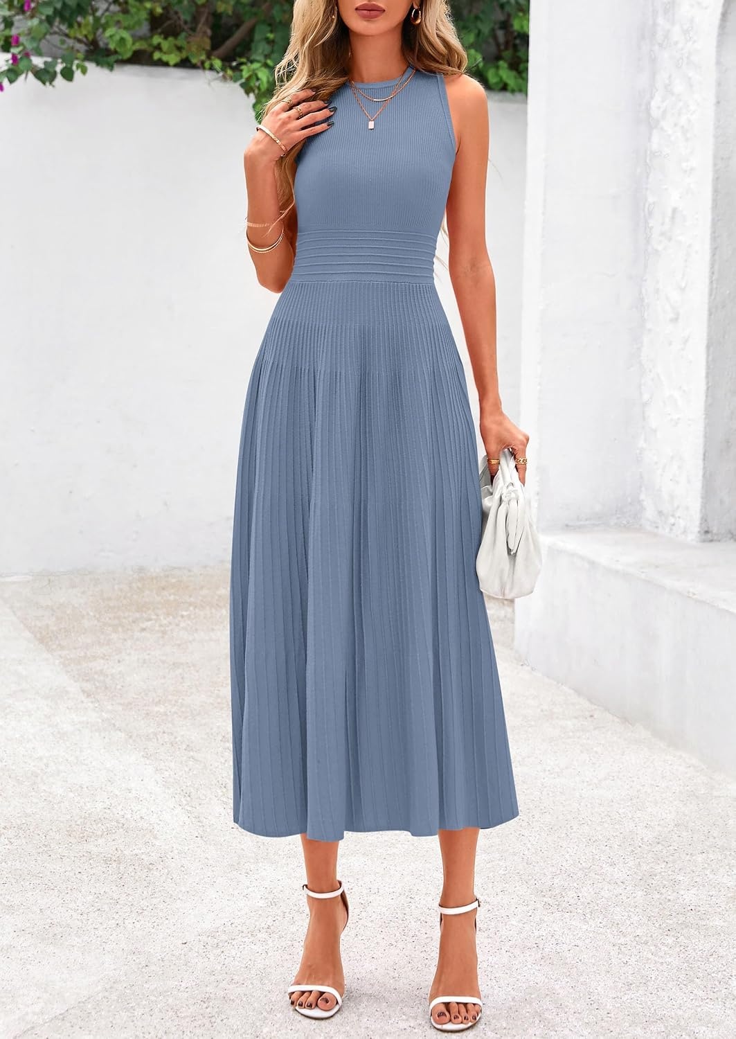 image:imagePRETTYGARDEN Womens Summer Pleated Midi Work Dress Sleeveless A Line Knit Business Dresses Spring Semi Formal Long Dress for Wedding Guest Cocktail Party Teacher OutfitsBlue Grey