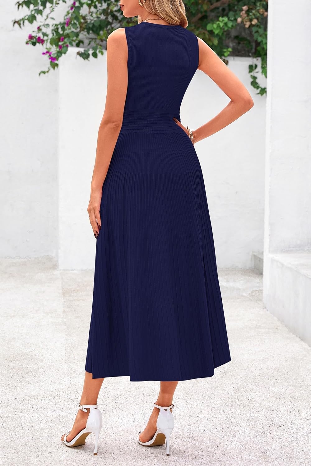 image:imagePRETTYGARDEN Womens Summer Pleated Midi Work Dress Sleeveless A Line Knit Business Dresses Spring Semi Formal Long Dress for Wedding Guest Cocktail Party Teacher OutfitsNavy