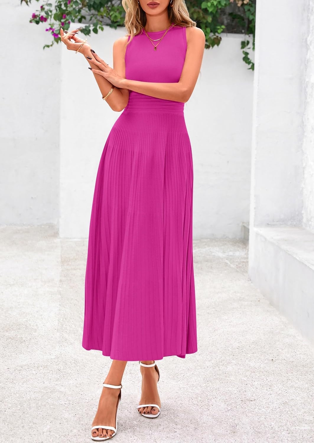 image:imagePRETTYGARDEN Womens Summer Pleated Midi Work Dress Sleeveless A Line Knit Business Dresses Spring Semi Formal Long Dress for Wedding Guest Cocktail Party Teacher OutfitsRose