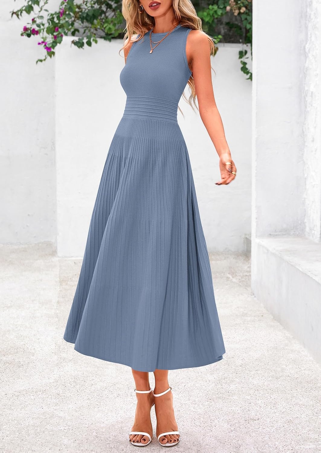 image:imagePRETTYGARDEN Womens Summer Pleated Midi Work Dress Sleeveless A Line Knit Business Dresses Spring Semi Formal Long Dress for Wedding Guest Cocktail Party Teacher OutfitsBlue Grey