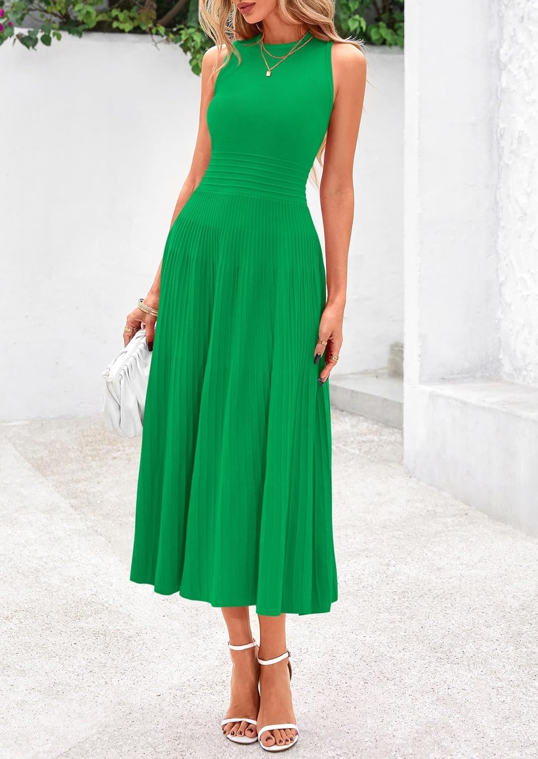 image:imagePRETTYGARDEN Womens Summer Pleated Midi Work Dress Sleeveless A Line Knit Business Dresses Spring Semi Formal Long Dress for Wedding Guest Cocktail Party Teacher OutfitsGreen