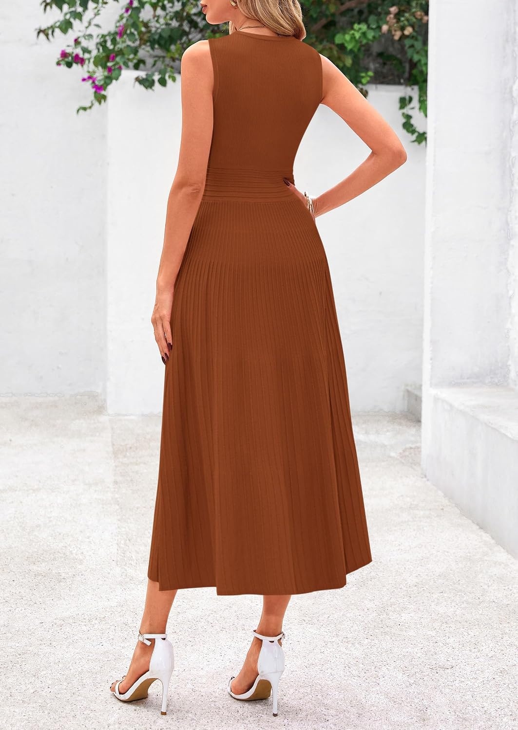 image:imagePRETTYGARDEN Womens Summer Pleated Midi Work Dress Sleeveless A Line Knit Business Dresses Spring Semi Formal Long Dress for Wedding Guest Cocktail Party Teacher OutfitsCaramel