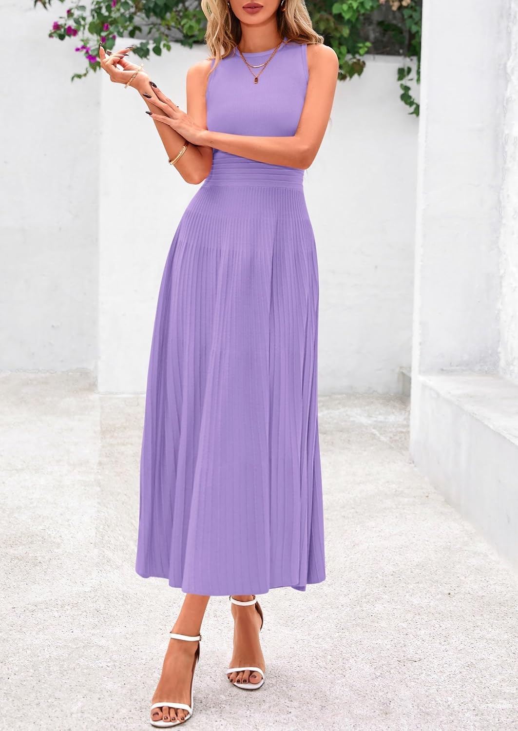image:imagePRETTYGARDEN Womens Summer Pleated Midi Work Dress Sleeveless A Line Knit Business Dresses Spring Semi Formal Long Dress for Wedding Guest Cocktail Party Teacher OutfitsPurple