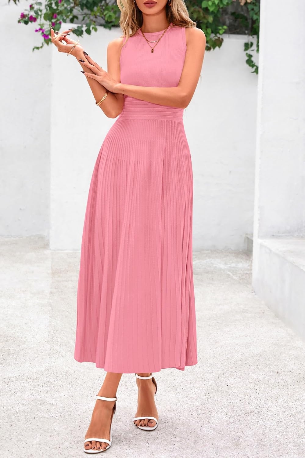 image:imagePRETTYGARDEN Womens Summer Pleated Midi Work Dress Sleeveless A Line Knit Business Dresses Spring Semi Formal Long Dress for Wedding Guest Cocktail Party Teacher OutfitsPink