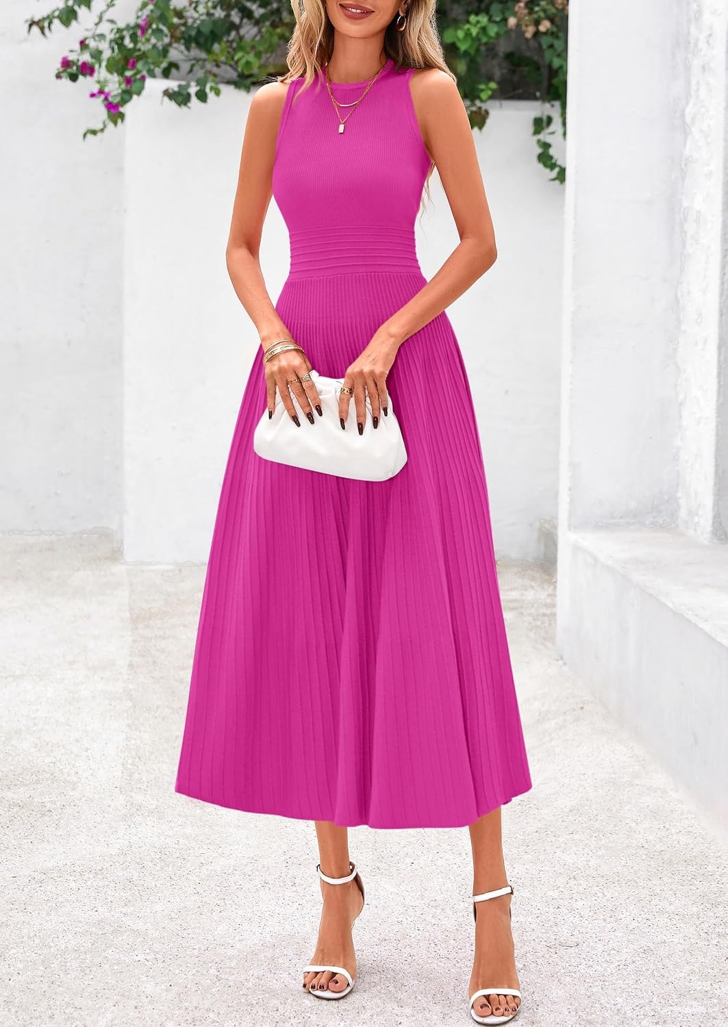 image:imagePRETTYGARDEN Womens Summer Pleated Midi Work Dress Sleeveless A Line Knit Business Dresses Spring Semi Formal Long Dress for Wedding Guest Cocktail Party Teacher OutfitsRose