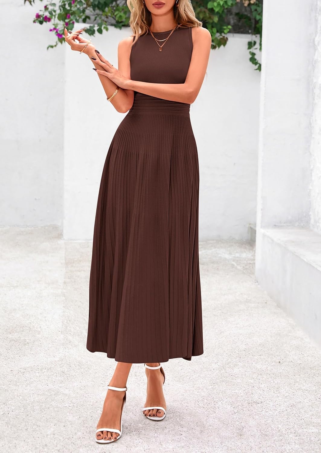 image:imagePRETTYGARDEN Womens Summer Pleated Midi Work Dress Sleeveless A Line Knit Business Dresses Spring Semi Formal Long Dress for Wedding Guest Cocktail Party Teacher OutfitsBrown