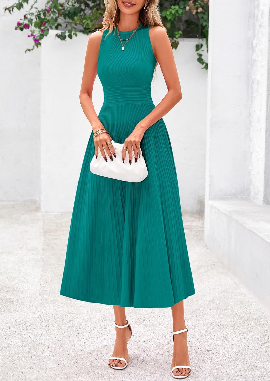 image:imagePRETTYGARDEN Womens Summer Pleated Midi Work Dress Sleeveless A Line Knit Business Dresses Spring Semi Formal Long Dress for Wedding Guest Cocktail Party Teacher OutfitsBlue Green