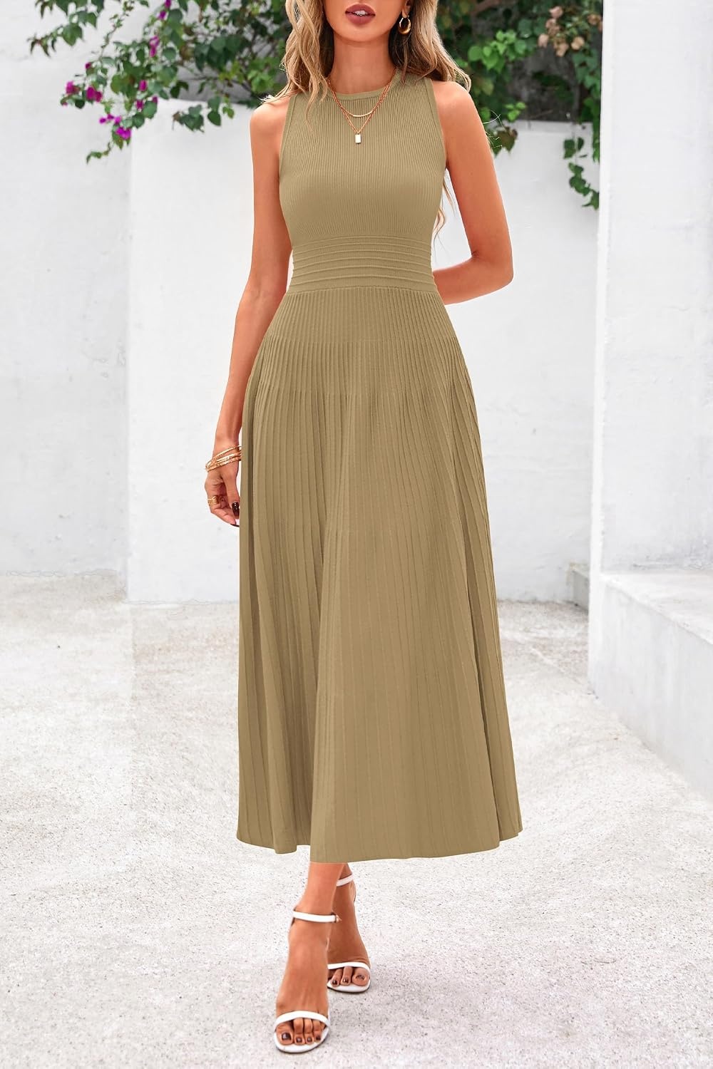 image:imagePRETTYGARDEN Womens Summer Pleated Midi Work Dress Sleeveless A Line Knit Business Dresses Spring Semi Formal Long Dress for Wedding Guest Cocktail Party Teacher OutfitsCamel