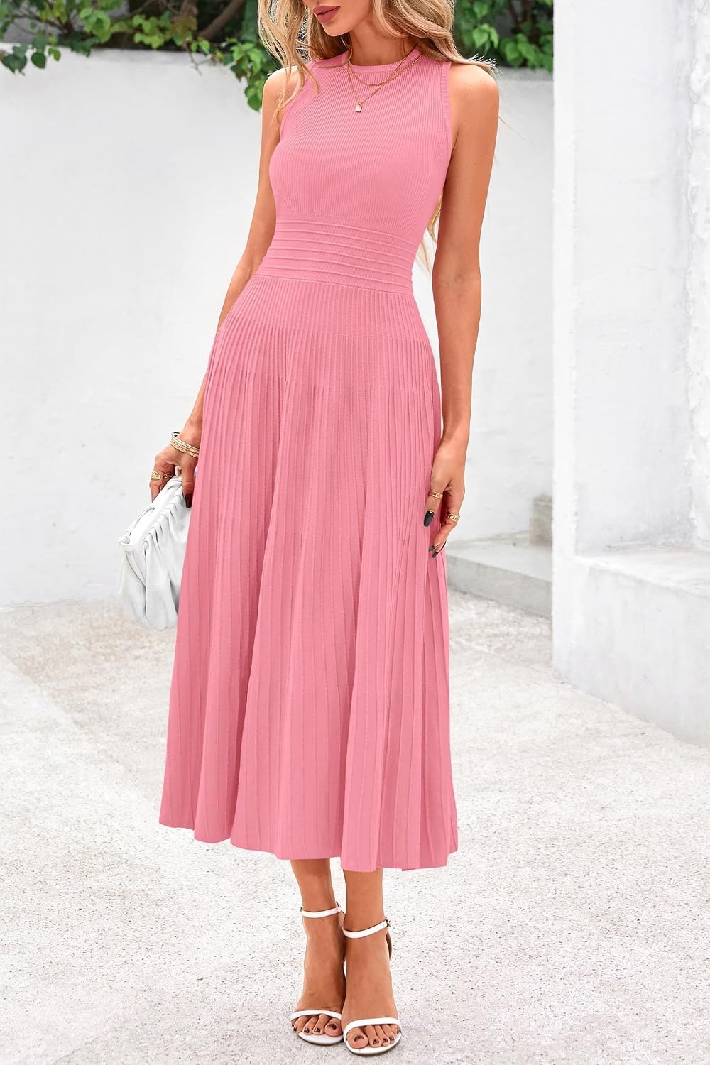 image:imagePRETTYGARDEN Womens Summer Pleated Midi Work Dress Sleeveless A Line Knit Business Dresses Spring Semi Formal Long Dress for Wedding Guest Cocktail Party Teacher OutfitsPink