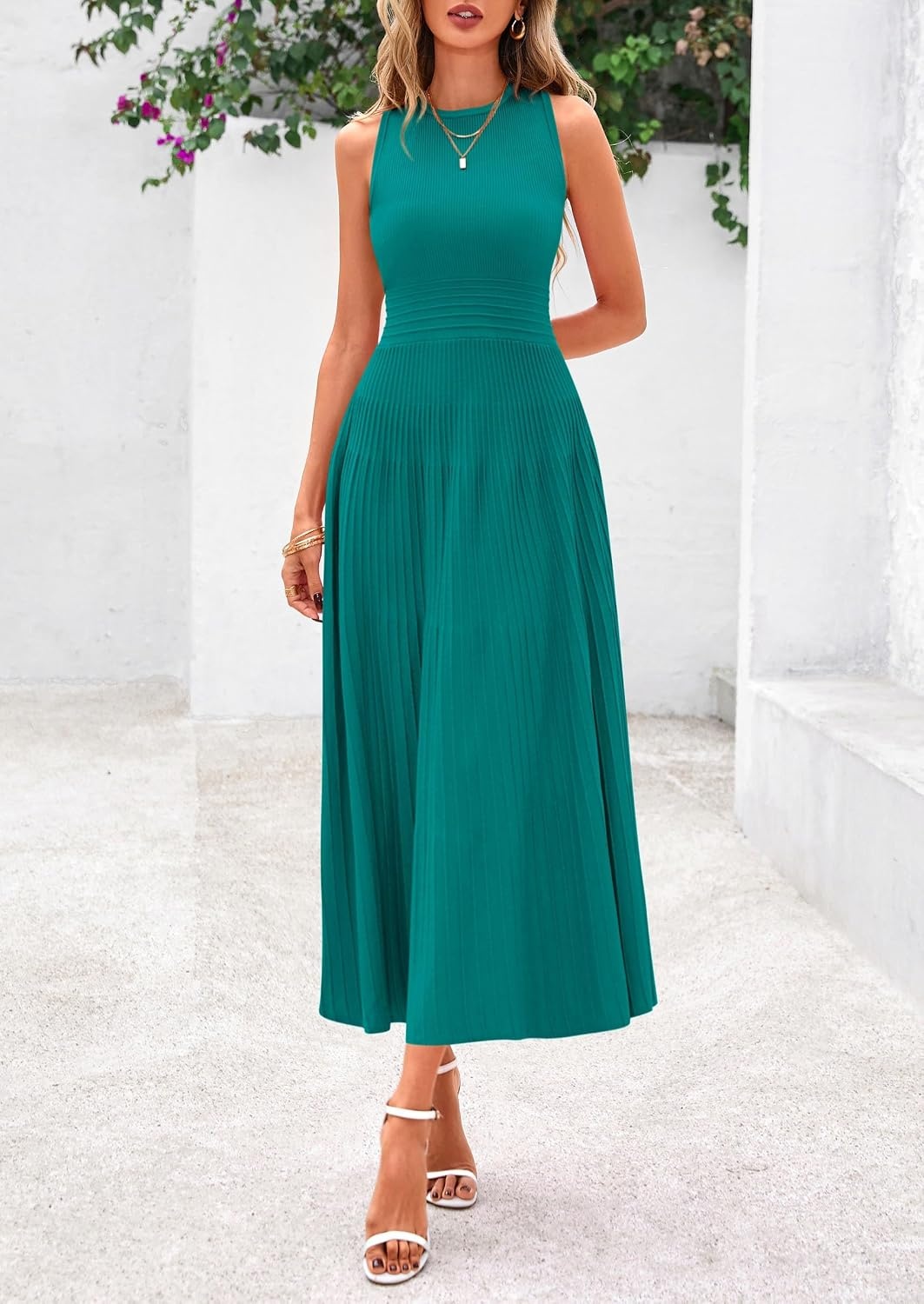 image:imagePRETTYGARDEN Womens Summer Pleated Midi Work Dress Sleeveless A Line Knit Business Dresses Spring Semi Formal Long Dress for Wedding Guest Cocktail Party Teacher OutfitsBlue Green