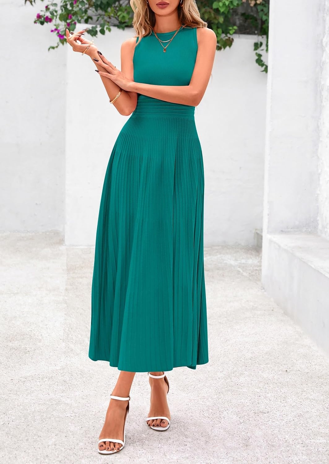 image:imagePRETTYGARDEN Womens Summer Pleated Midi Work Dress Sleeveless A Line Knit Business Dresses Spring Semi Formal Long Dress for Wedding Guest Cocktail Party Teacher OutfitsBlue Green