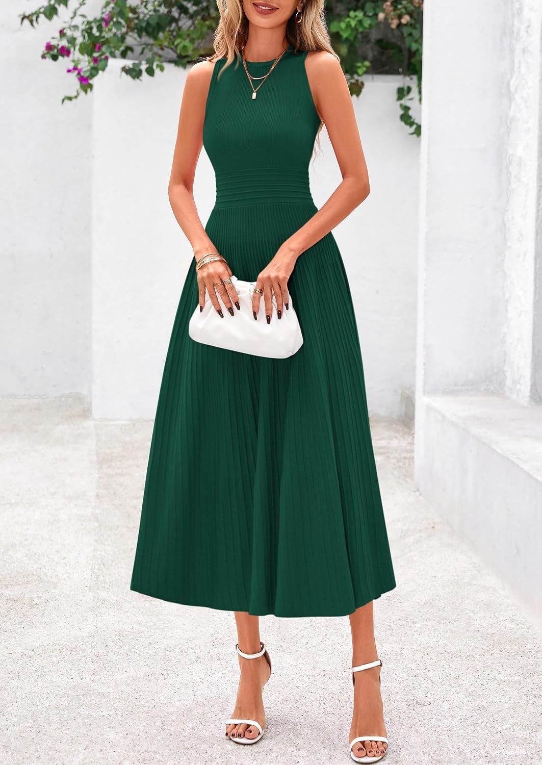 image:imagePRETTYGARDEN Womens Summer Pleated Midi Work Dress Sleeveless A Line Knit Business Dresses Spring Semi Formal Long Dress for Wedding Guest Cocktail Party Teacher OutfitsDark Green