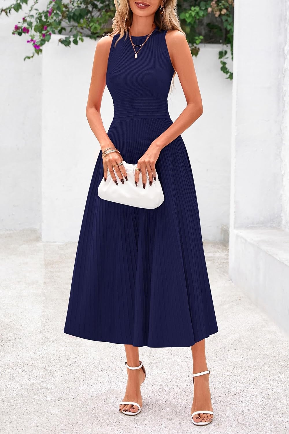 image:imagePRETTYGARDEN Womens Summer Pleated Midi Work Dress Sleeveless A Line Knit Business Dresses Spring Semi Formal Long Dress for Wedding Guest Cocktail Party Teacher OutfitsNavy