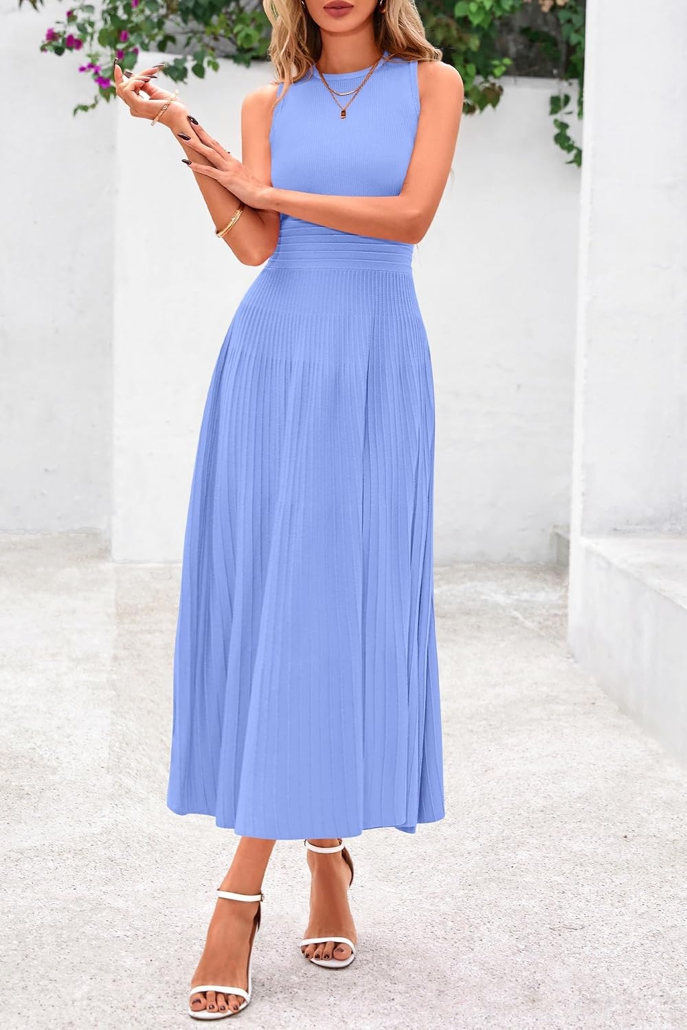 image:imagePRETTYGARDEN Womens Summer Pleated Midi Work Dress Sleeveless A Line Knit Business Dresses Spring Semi Formal Long Dress for Wedding Guest Cocktail Party Teacher OutfitsSky Blue