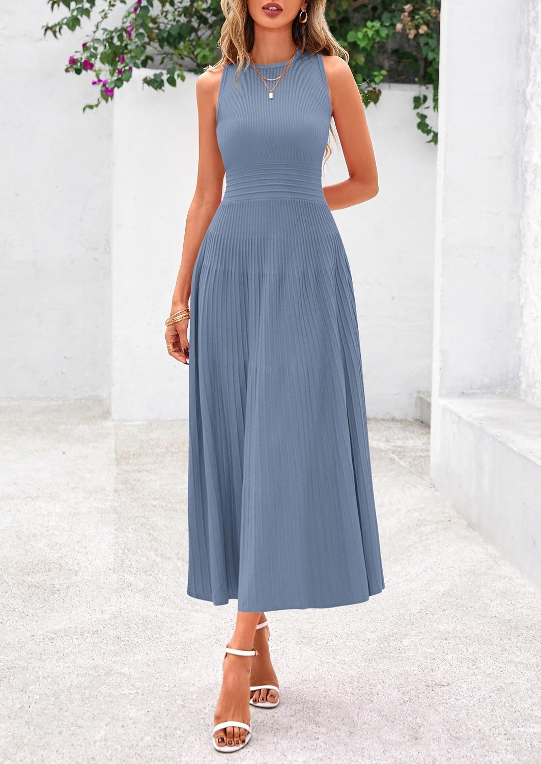 image:imagePRETTYGARDEN Womens Summer Pleated Midi Work Dress Sleeveless A Line Knit Business Dresses Spring Semi Formal Long Dress for Wedding Guest Cocktail Party Teacher OutfitsBlue Grey