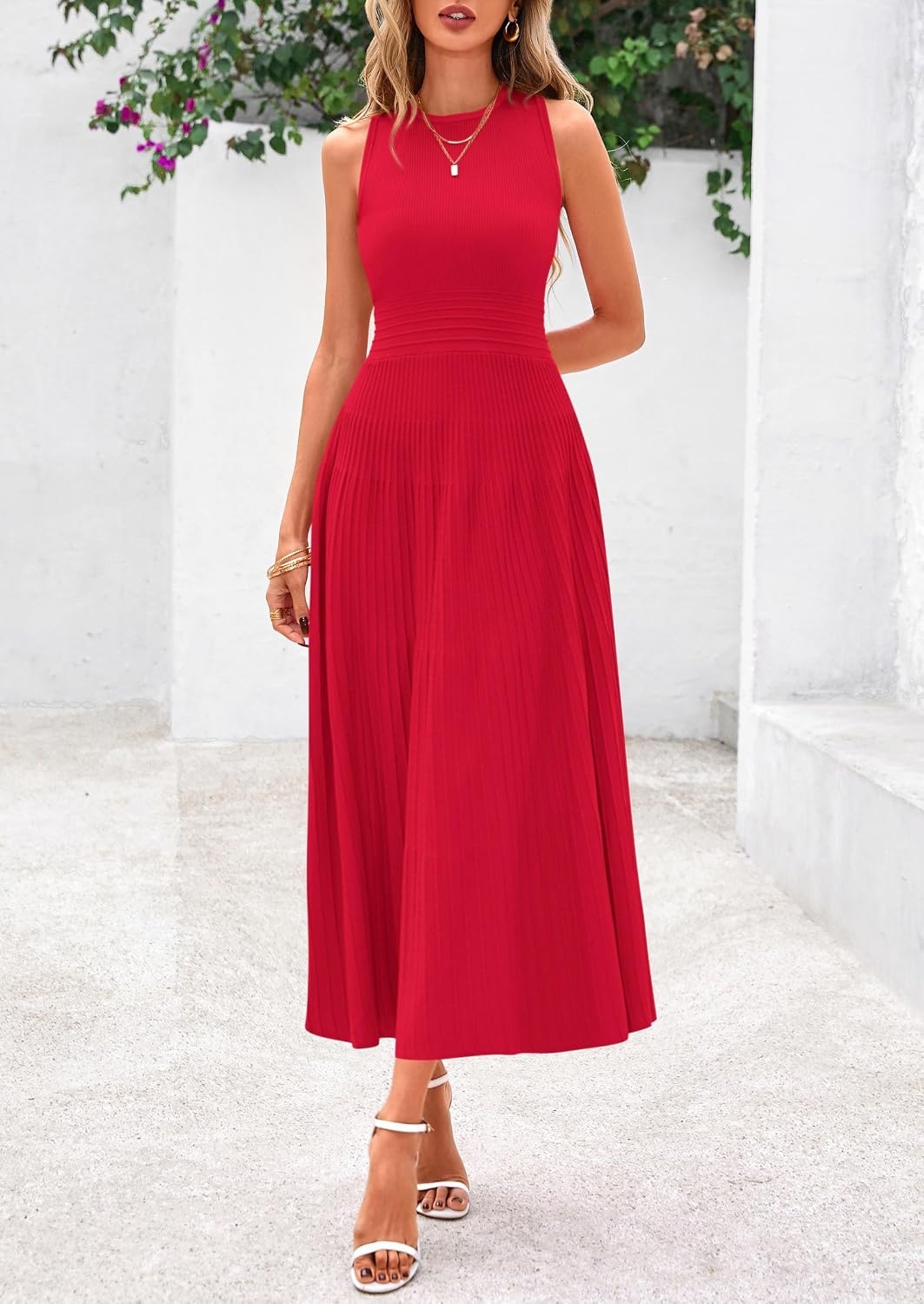 image:imagePRETTYGARDEN Womens Summer Pleated Midi Work Dress Sleeveless A Line Knit Business Dresses Spring Semi Formal Long Dress for Wedding Guest Cocktail Party Teacher OutfitsRed