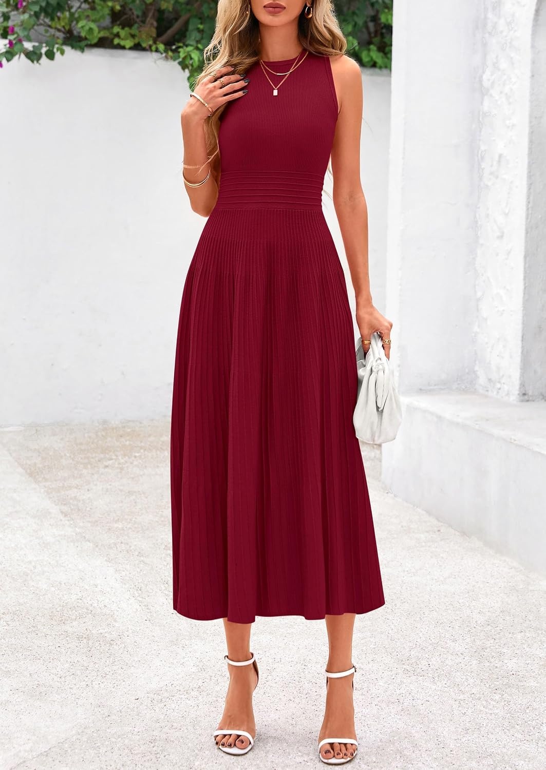 image:imagePRETTYGARDEN Womens Summer Pleated Midi Work Dress Sleeveless A Line Knit Business Dresses Spring Semi Formal Long Dress for Wedding Guest Cocktail Party Teacher OutfitsBurgundy