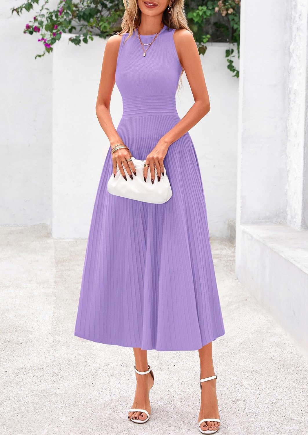 image:imagePRETTYGARDEN Womens Summer Pleated Midi Work Dress Sleeveless A Line Knit Business Dresses Spring Semi Formal Long Dress for Wedding Guest Cocktail Party Teacher OutfitsPurple