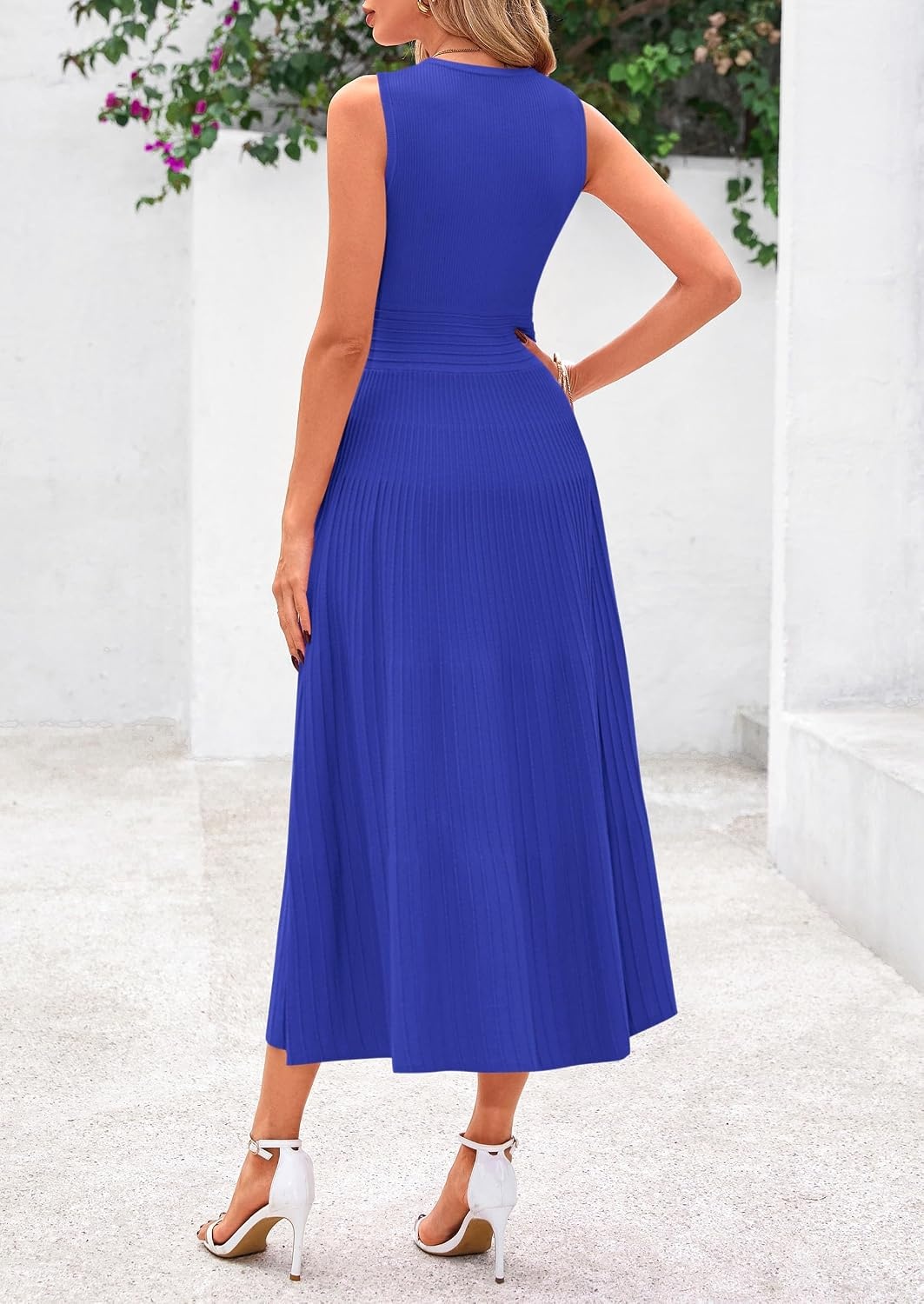 image:imagePRETTYGARDEN Womens Summer Pleated Midi Work Dress Sleeveless A Line Knit Business Dresses Spring Semi Formal Long Dress for Wedding Guest Cocktail Party Teacher OutfitsBrilliant Blue