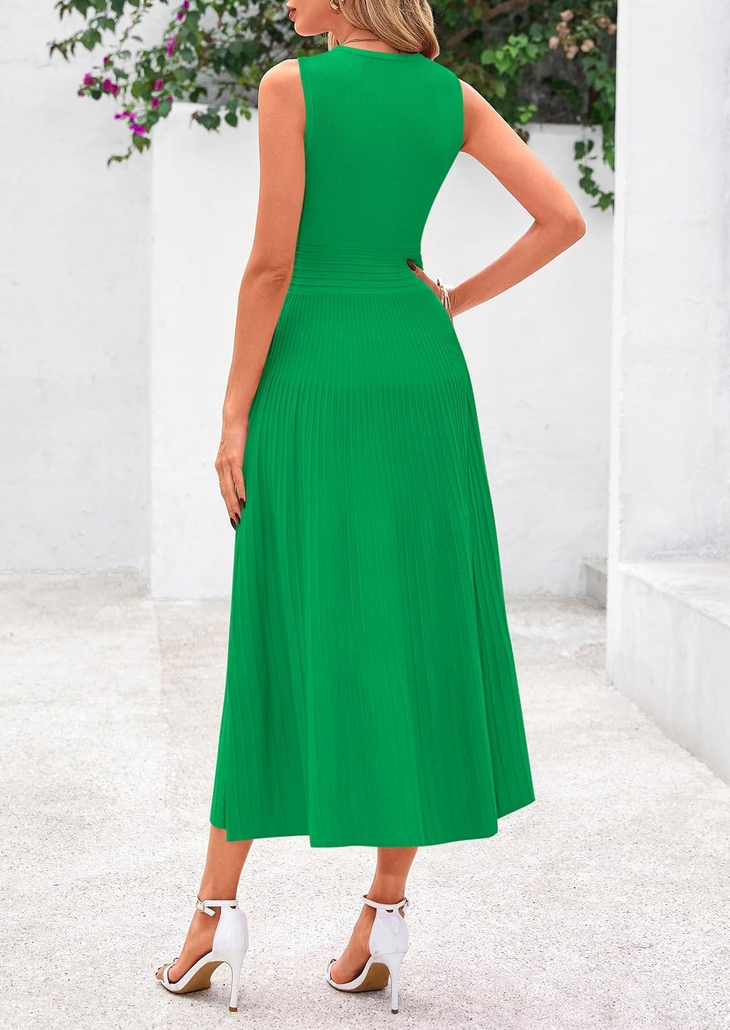 image:imagePRETTYGARDEN Womens Summer Pleated Midi Work Dress Sleeveless A Line Knit Business Dresses Spring Semi Formal Long Dress for Wedding Guest Cocktail Party Teacher OutfitsGreen