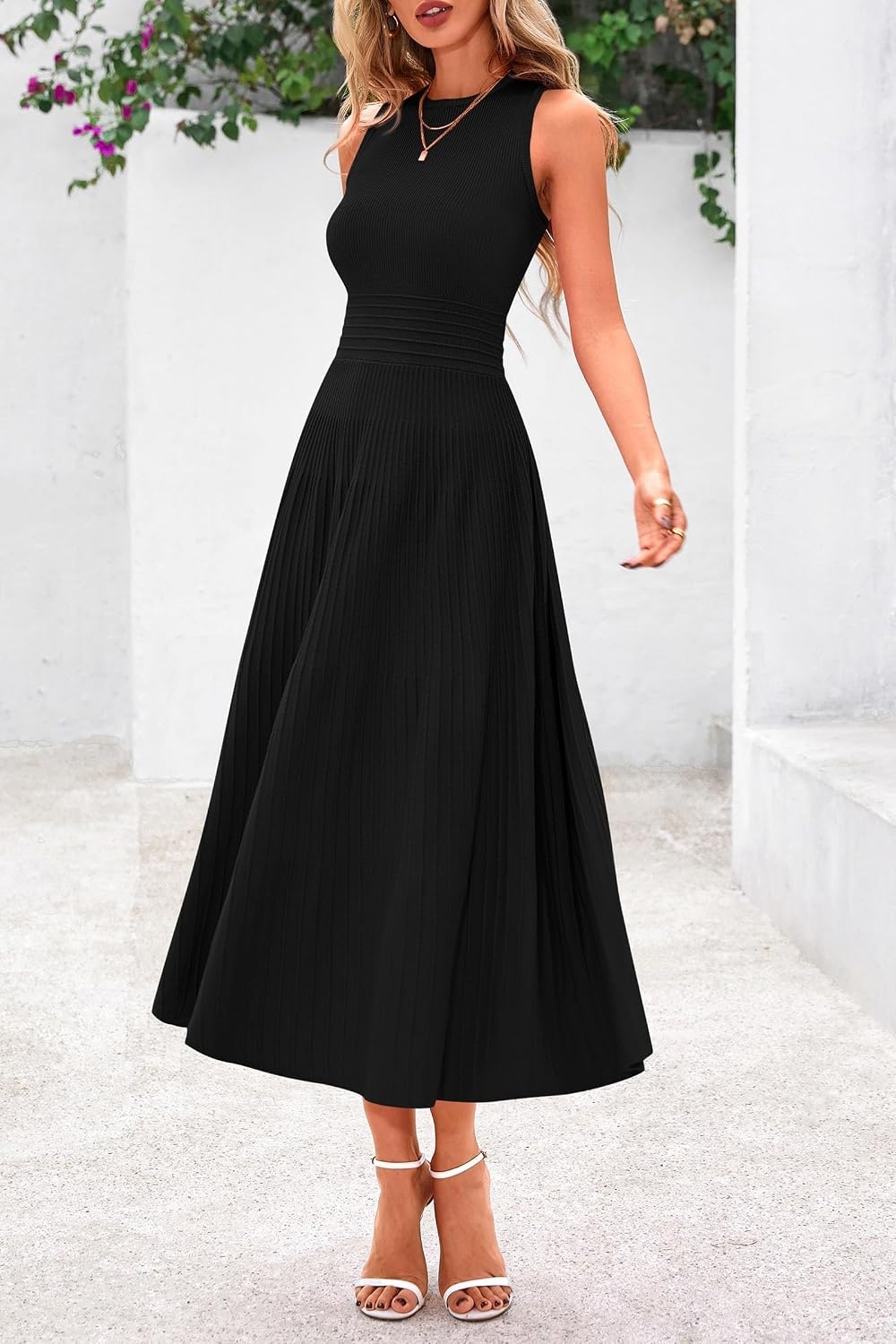 image:imagePRETTYGARDEN Womens Summer Pleated Midi Work Dress Sleeveless A Line Knit Business Dresses Spring Semi Formal Long Dress for Wedding Guest Cocktail Party Teacher OutfitsBlack