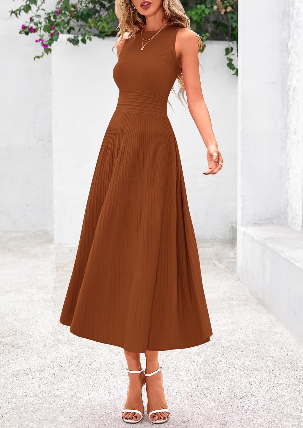 image:imagePRETTYGARDEN Womens Summer Pleated Midi Work Dress Sleeveless A Line Knit Business Dresses Spring Semi Formal Long Dress for Wedding Guest Cocktail Party Teacher OutfitsCaramel