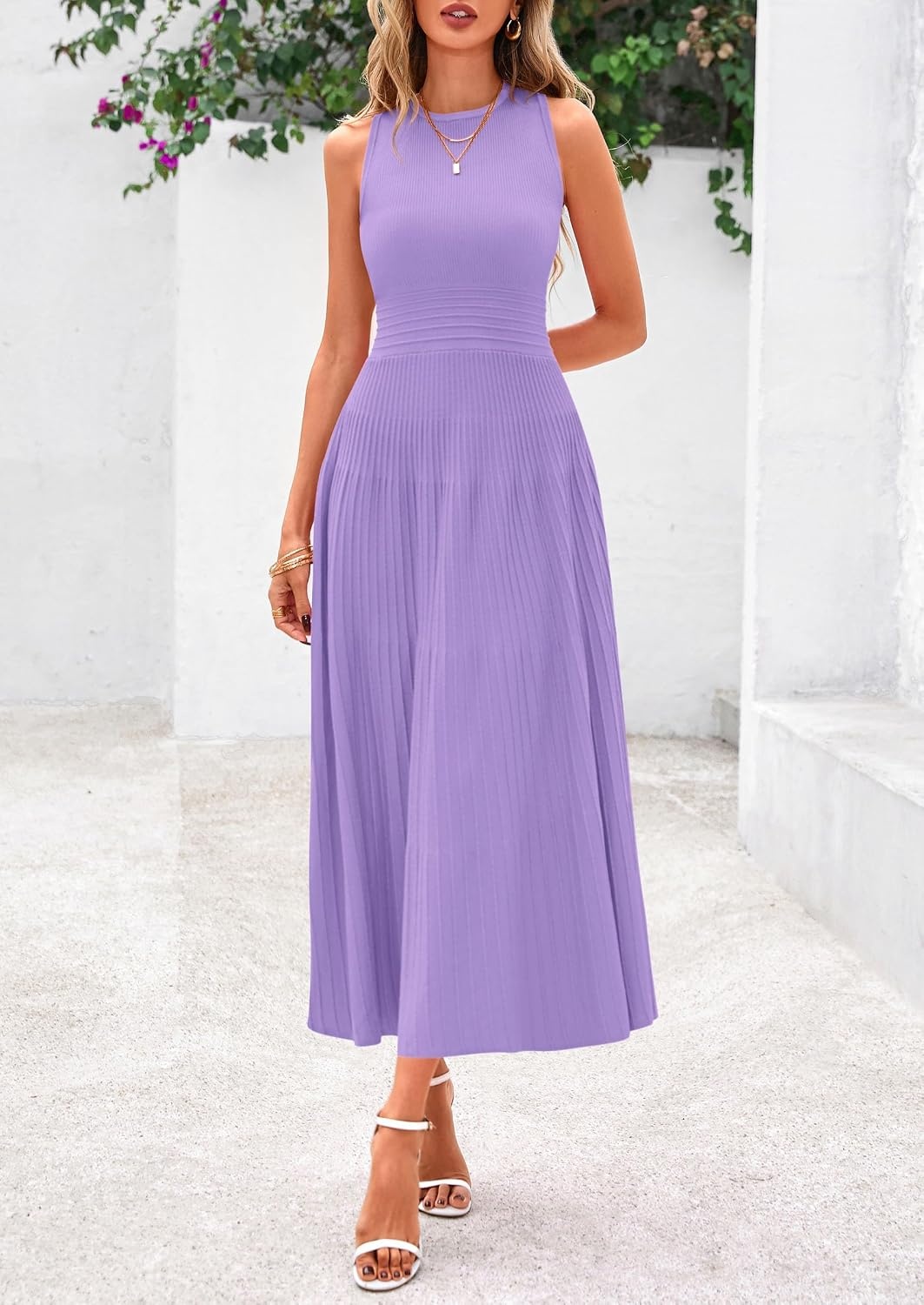 image:imagePRETTYGARDEN Womens Summer Pleated Midi Work Dress Sleeveless A Line Knit Business Dresses Spring Semi Formal Long Dress for Wedding Guest Cocktail Party Teacher OutfitsPurple