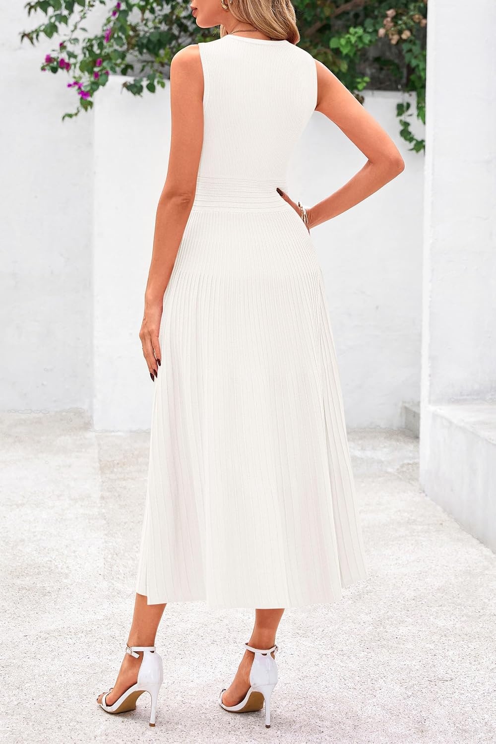 image:imagePRETTYGARDEN Womens Summer Pleated Midi Work Dress Sleeveless A Line Knit Business Dresses Spring Semi Formal Long Dress for Wedding Guest Cocktail Party Teacher OutfitsWhite