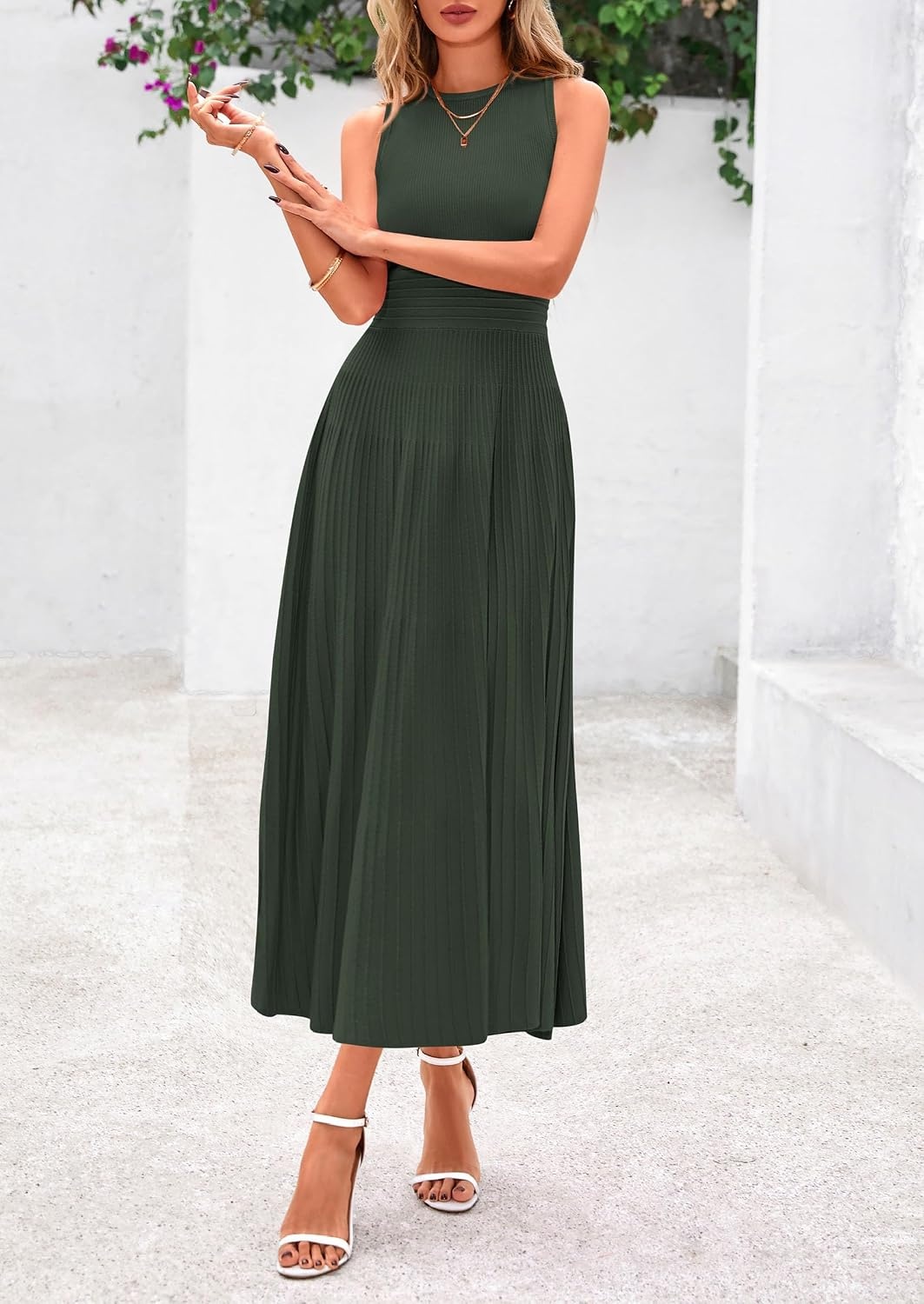 image:imagePRETTYGARDEN Womens Summer Pleated Midi Work Dress Sleeveless A Line Knit Business Dresses Spring Semi Formal Long Dress for Wedding Guest Cocktail Party Teacher OutfitsArmy Green