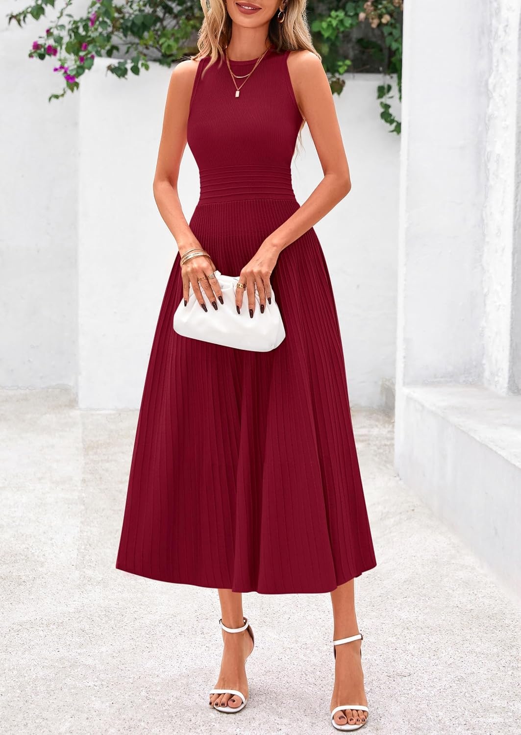 image:imagePRETTYGARDEN Womens Summer Pleated Midi Work Dress Sleeveless A Line Knit Business Dresses Spring Semi Formal Long Dress for Wedding Guest Cocktail Party Teacher OutfitsBurgundy