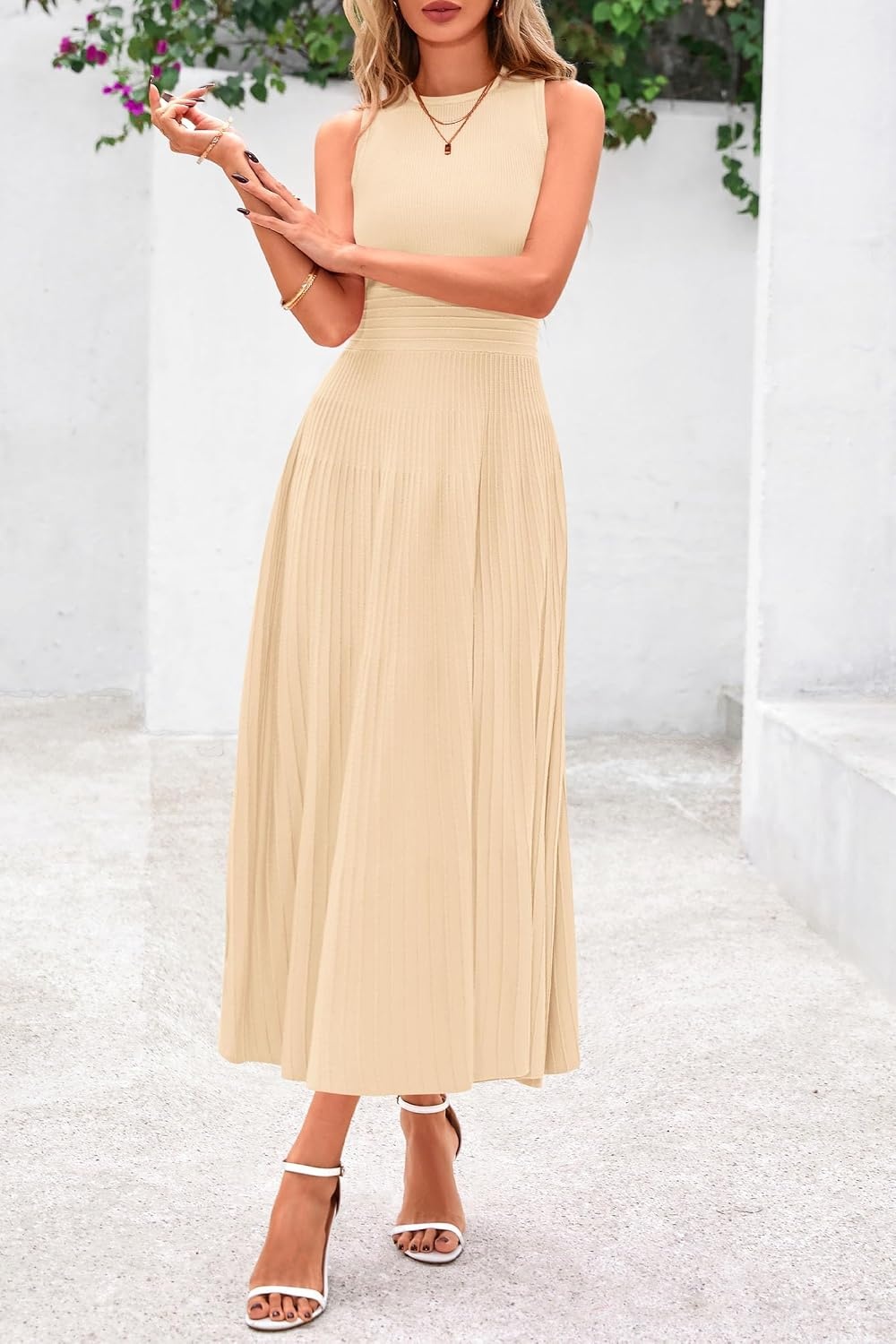 image:imagePRETTYGARDEN Womens Summer Pleated Midi Work Dress Sleeveless A Line Knit Business Dresses Spring Semi Formal Long Dress for Wedding Guest Cocktail Party Teacher OutfitsApricot