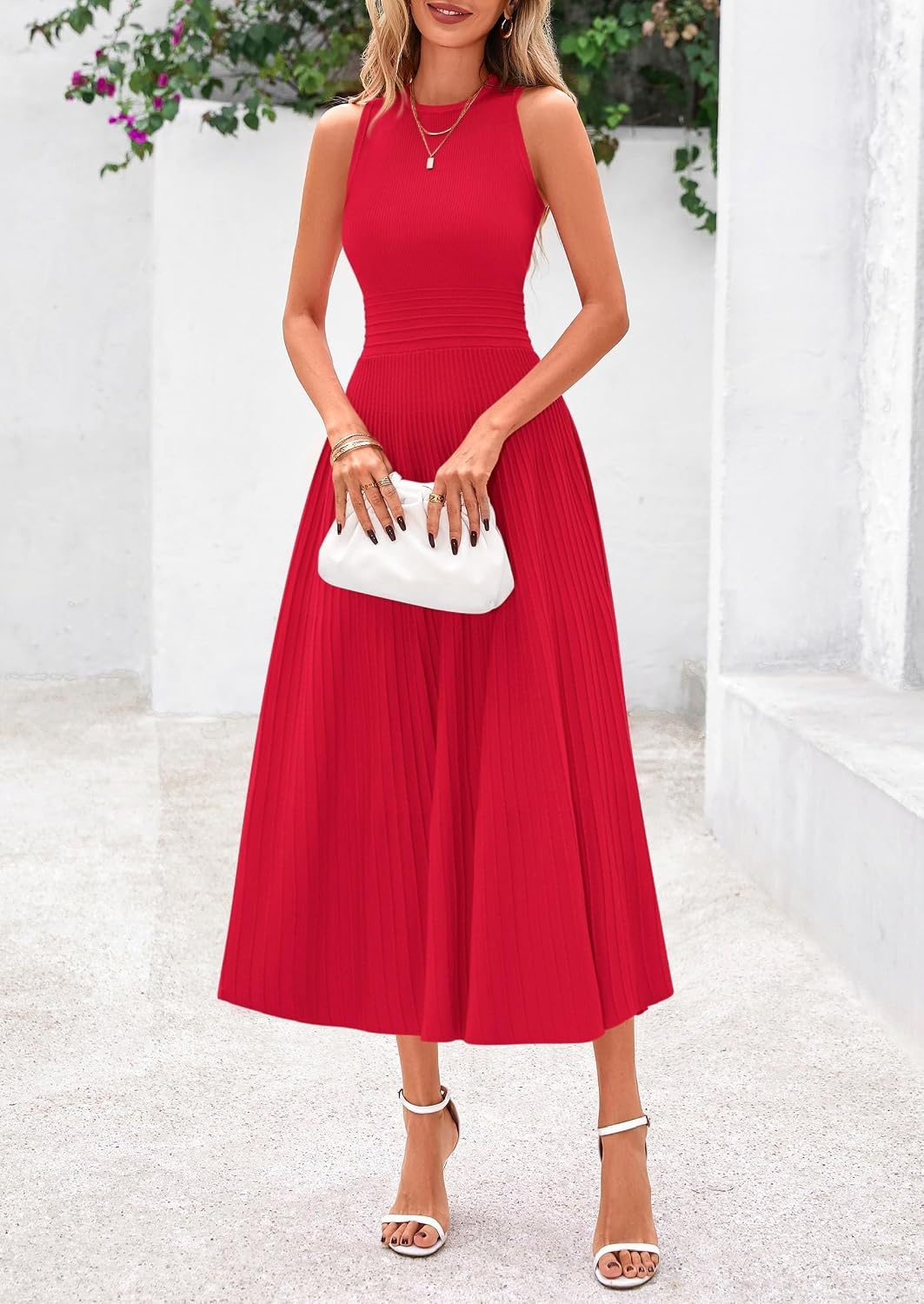 image:imagePRETTYGARDEN Womens Summer Pleated Midi Work Dress Sleeveless A Line Knit Business Dresses Spring Semi Formal Long Dress for Wedding Guest Cocktail Party Teacher OutfitsRed