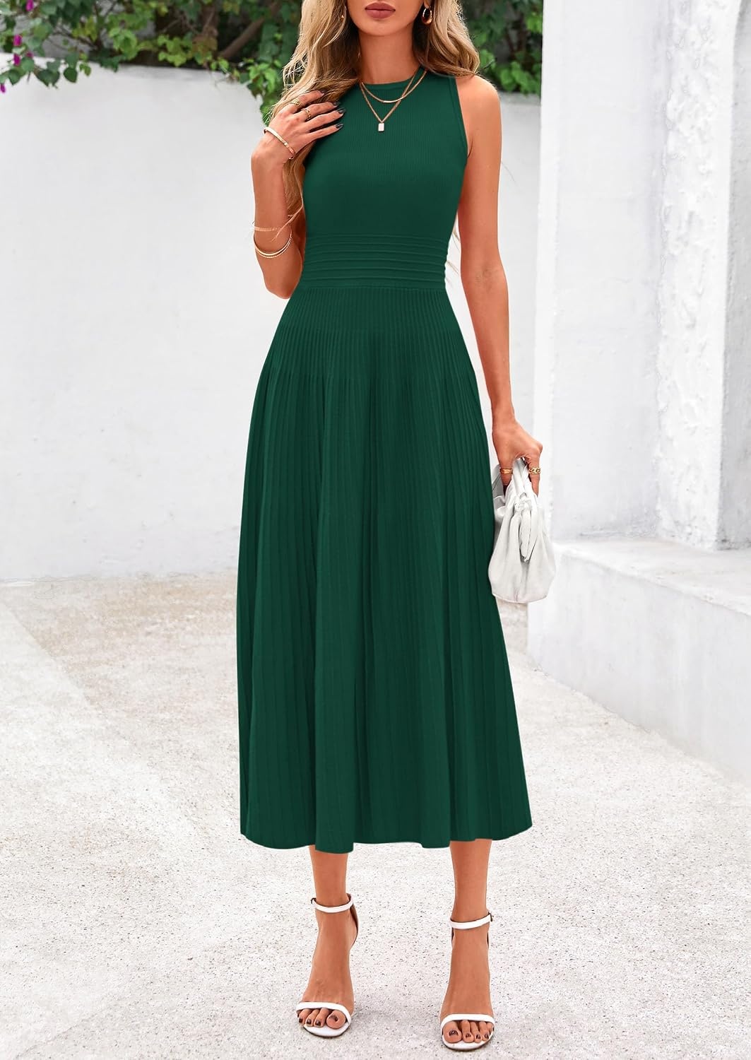 image:imagePRETTYGARDEN Womens Summer Pleated Midi Work Dress Sleeveless A Line Knit Business Dresses Spring Semi Formal Long Dress for Wedding Guest Cocktail Party Teacher OutfitsDark Green