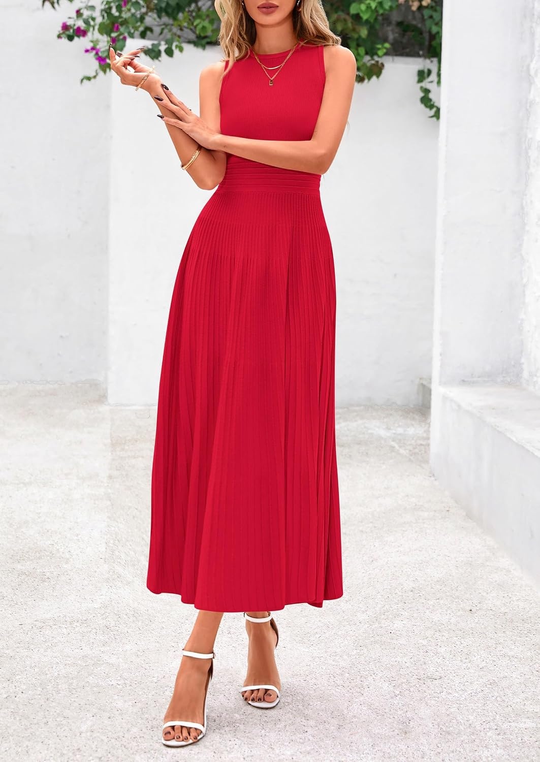 image:imagePRETTYGARDEN Womens Summer Pleated Midi Work Dress Sleeveless A Line Knit Business Dresses Spring Semi Formal Long Dress for Wedding Guest Cocktail Party Teacher OutfitsRed