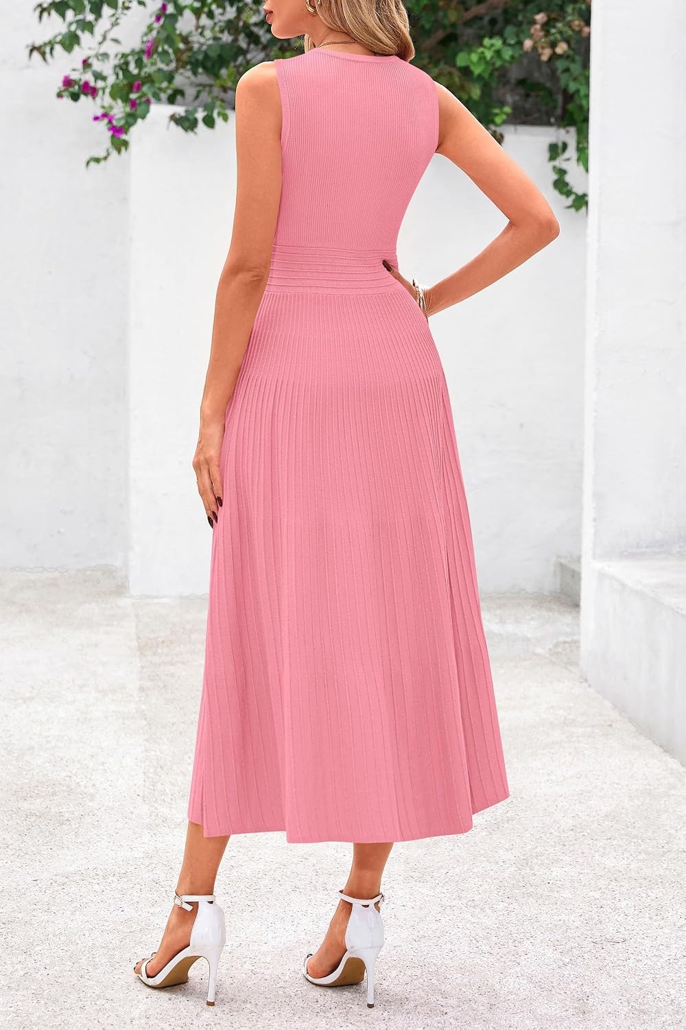image:imagePRETTYGARDEN Womens Summer Pleated Midi Work Dress Sleeveless A Line Knit Business Dresses Spring Semi Formal Long Dress for Wedding Guest Cocktail Party Teacher OutfitsPink