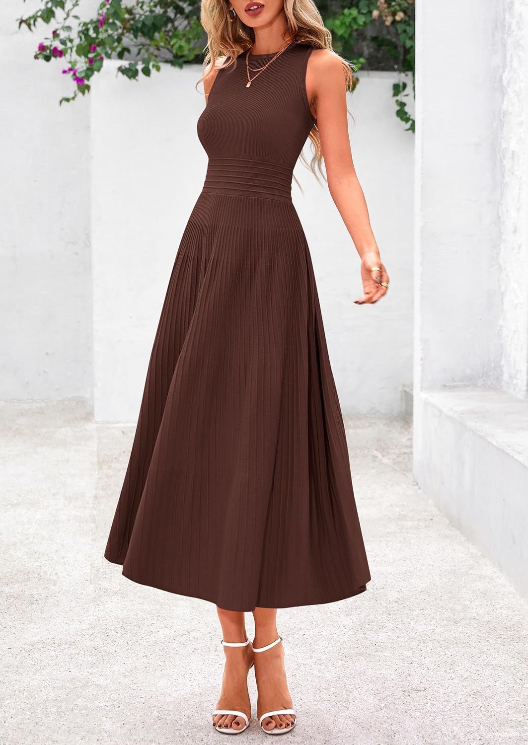 image:imagePRETTYGARDEN Womens Summer Pleated Midi Work Dress Sleeveless A Line Knit Business Dresses Spring Semi Formal Long Dress for Wedding Guest Cocktail Party Teacher OutfitsBrown