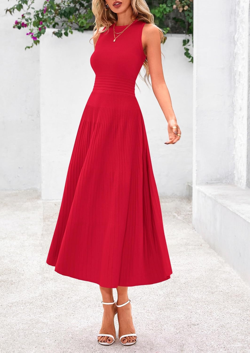 image:imagePRETTYGARDEN Womens Summer Pleated Midi Work Dress Sleeveless A Line Knit Business Dresses Spring Semi Formal Long Dress for Wedding Guest Cocktail Party Teacher OutfitsRed