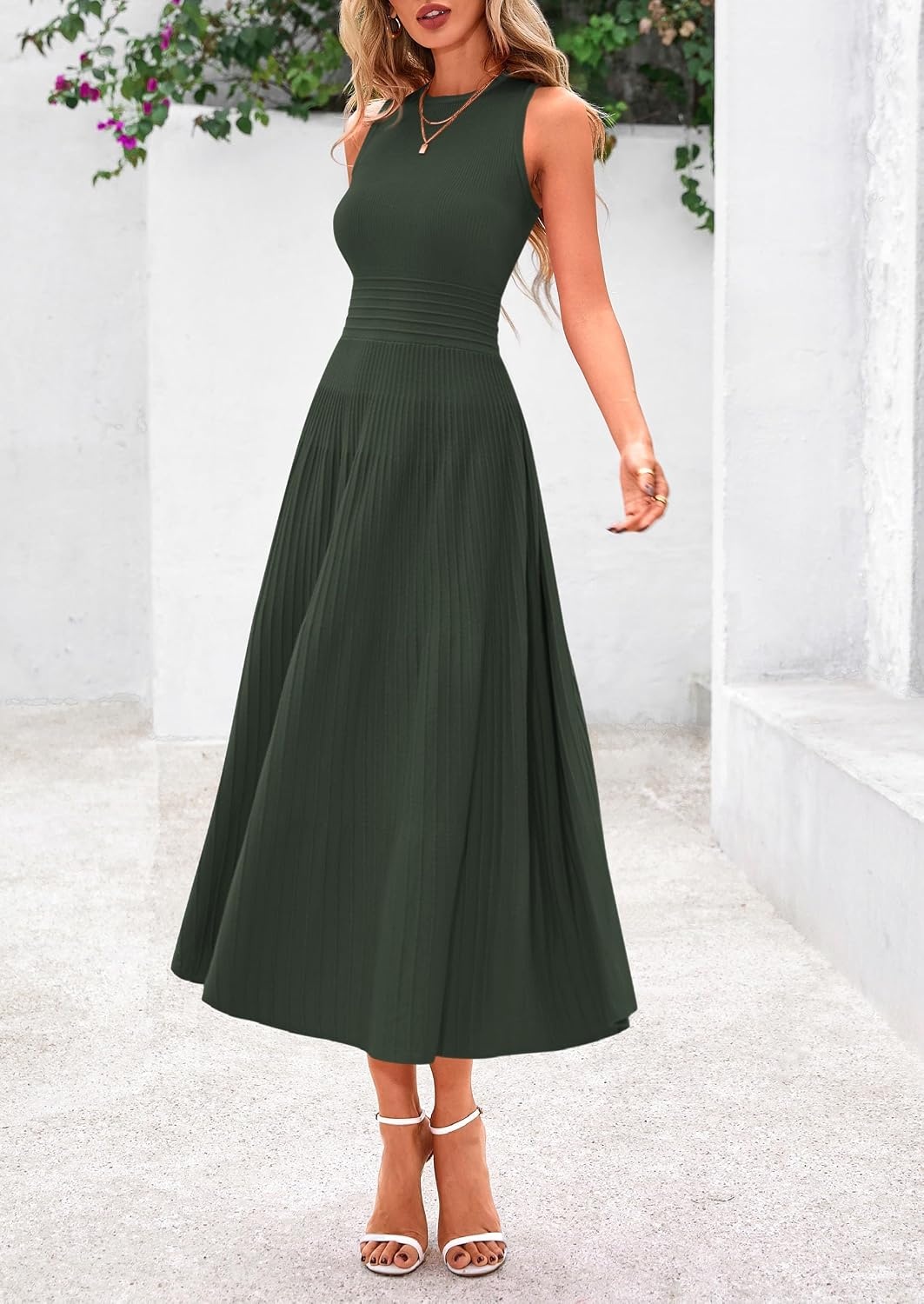 image:imagePRETTYGARDEN Womens Summer Pleated Midi Work Dress Sleeveless A Line Knit Business Dresses Spring Semi Formal Long Dress for Wedding Guest Cocktail Party Teacher OutfitsArmy Green