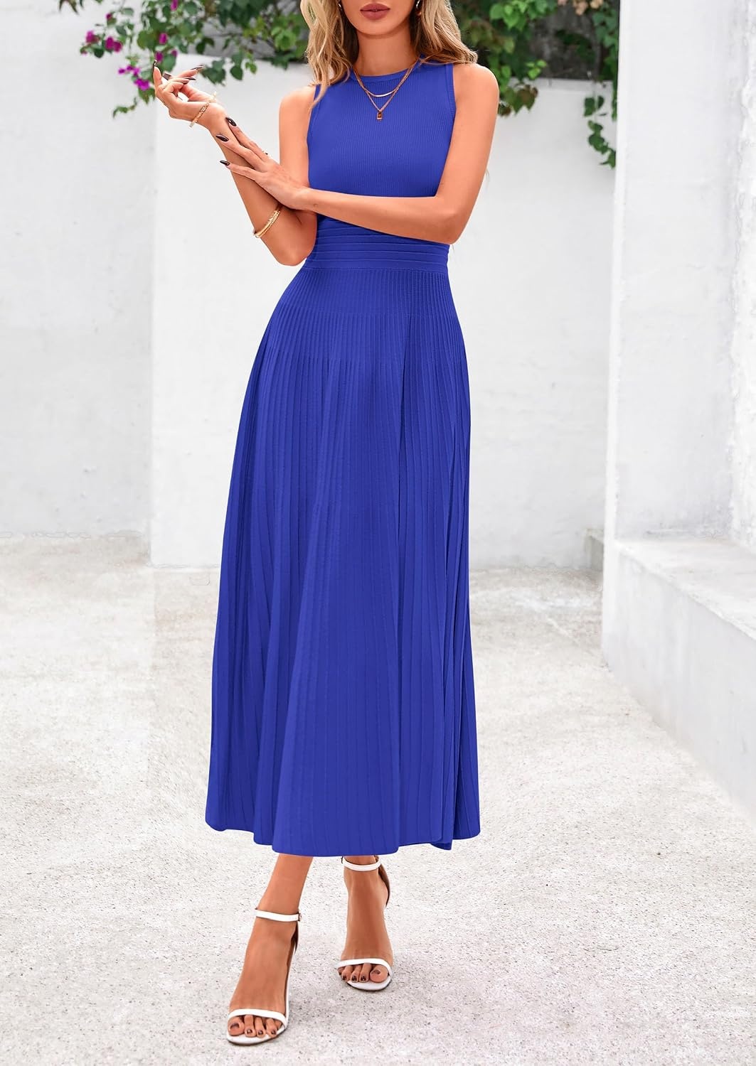 image:imagePRETTYGARDEN Womens Summer Pleated Midi Work Dress Sleeveless A Line Knit Business Dresses Spring Semi Formal Long Dress for Wedding Guest Cocktail Party Teacher OutfitsBrilliant Blue