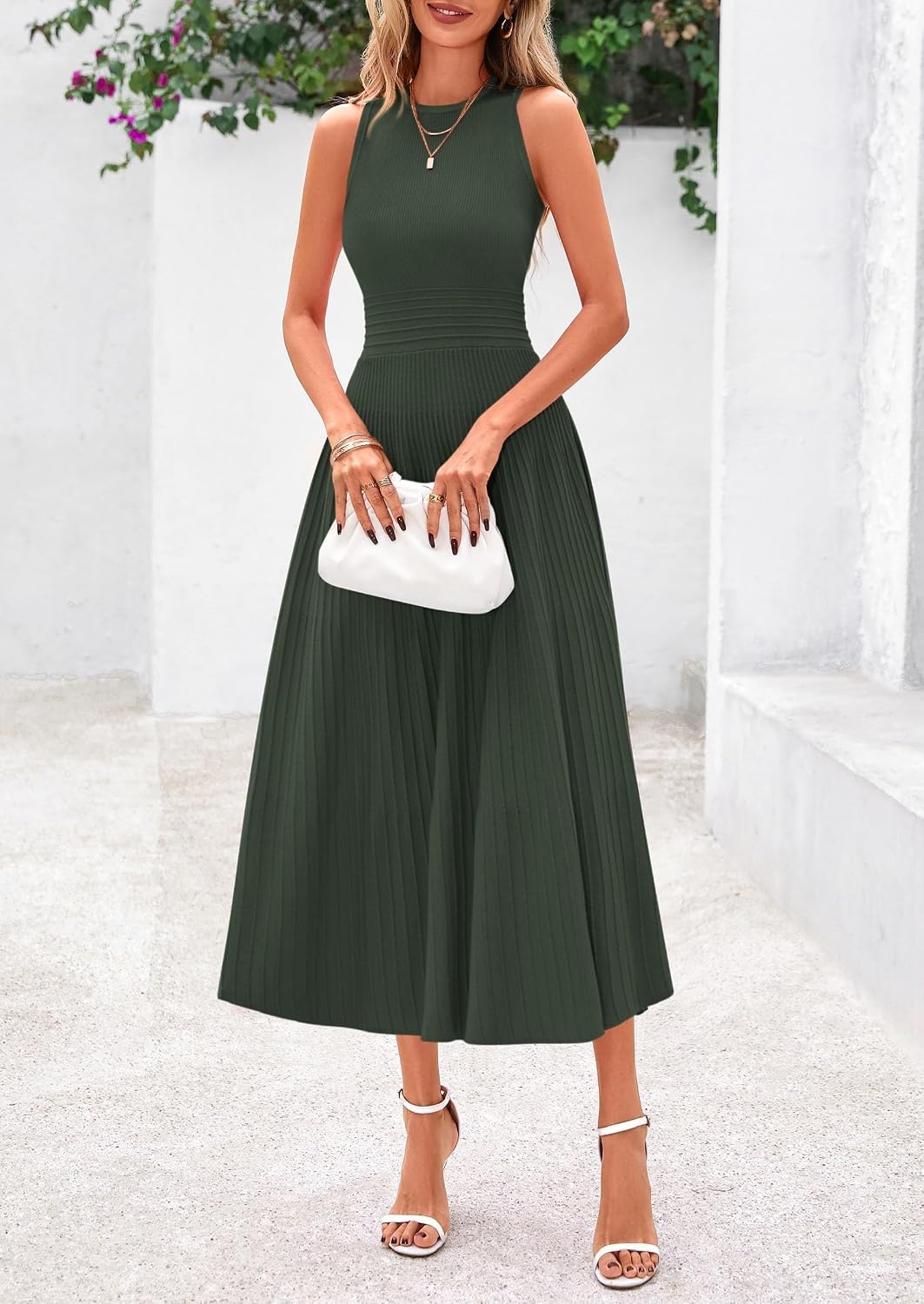 image:imagePRETTYGARDEN Womens Summer Pleated Midi Work Dress Sleeveless A Line Knit Business Dresses Spring Semi Formal Long Dress for Wedding Guest Cocktail Party Teacher OutfitsArmy Green