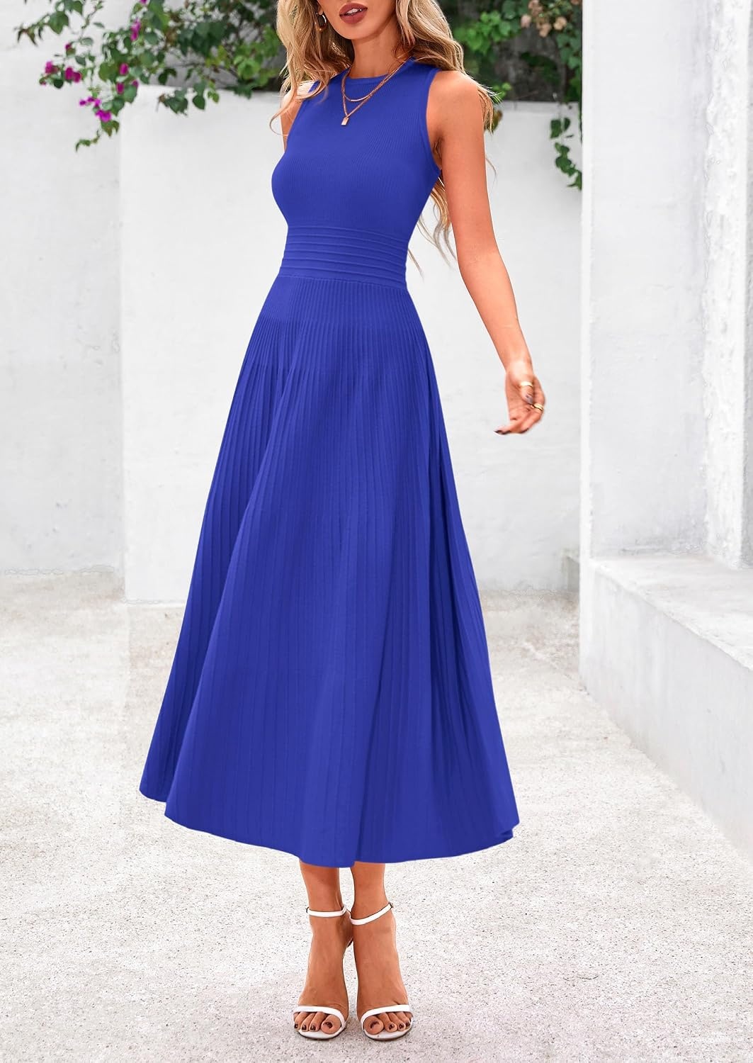 image:imagePRETTYGARDEN Womens Summer Pleated Midi Work Dress Sleeveless A Line Knit Business Dresses Spring Semi Formal Long Dress for Wedding Guest Cocktail Party Teacher OutfitsBrilliant Blue