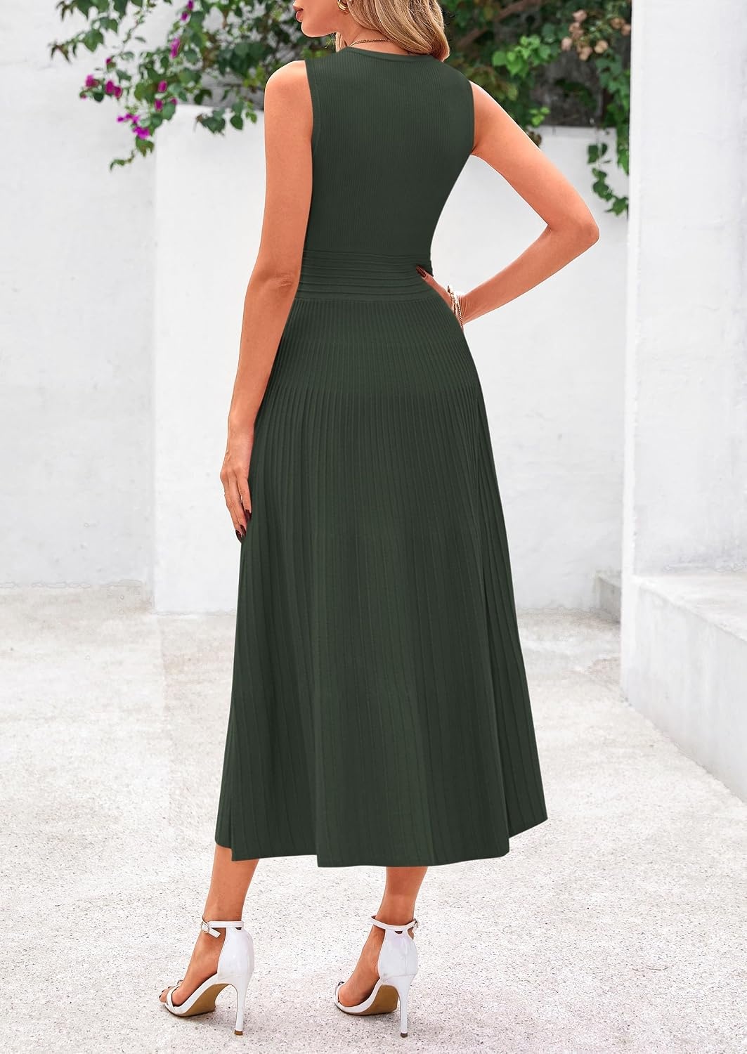 image:imagePRETTYGARDEN Womens Summer Pleated Midi Work Dress Sleeveless A Line Knit Business Dresses Spring Semi Formal Long Dress for Wedding Guest Cocktail Party Teacher OutfitsArmy Green